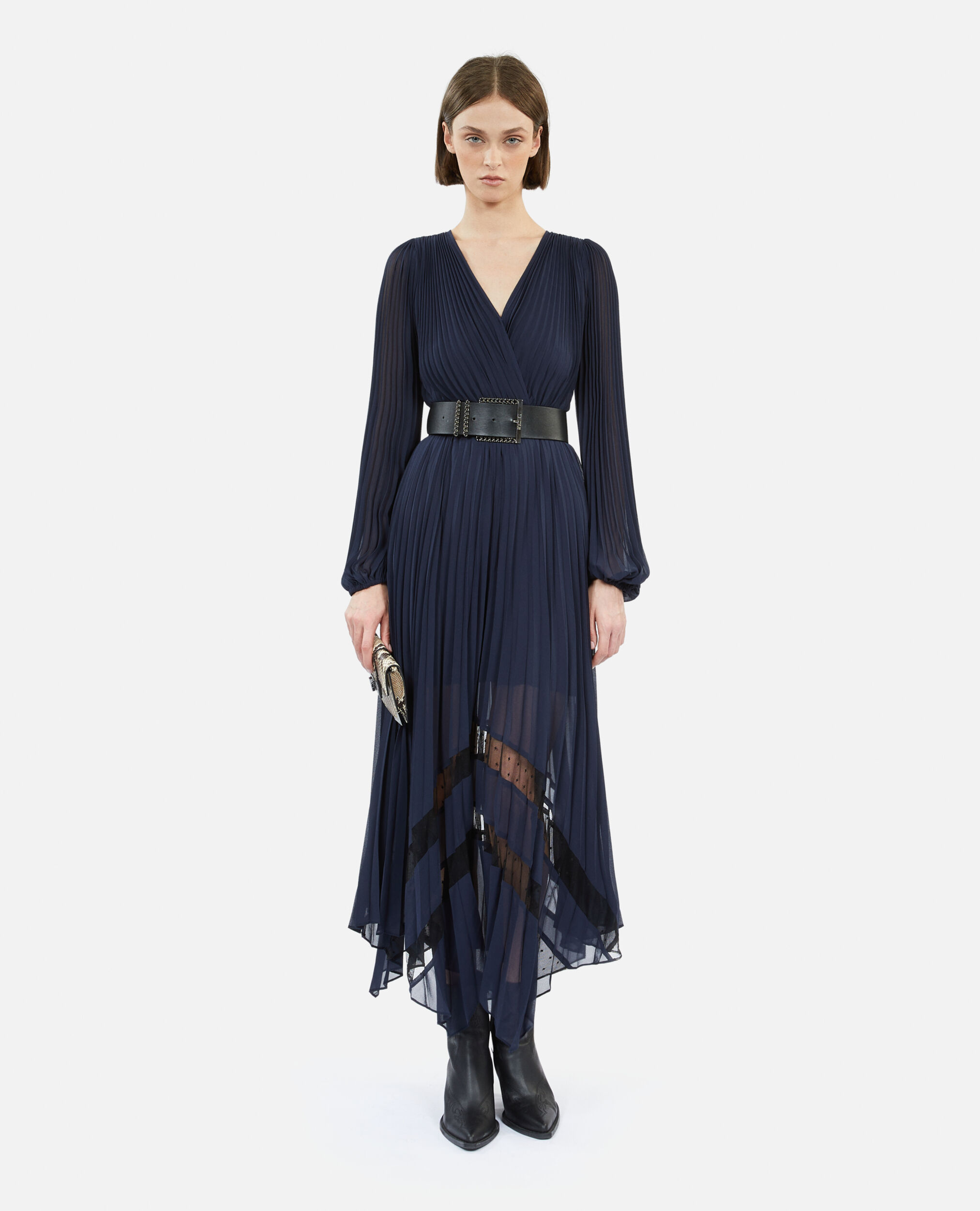 Langes marineblaues Kleid mit Plissierung, NAVY, hi-res image number null