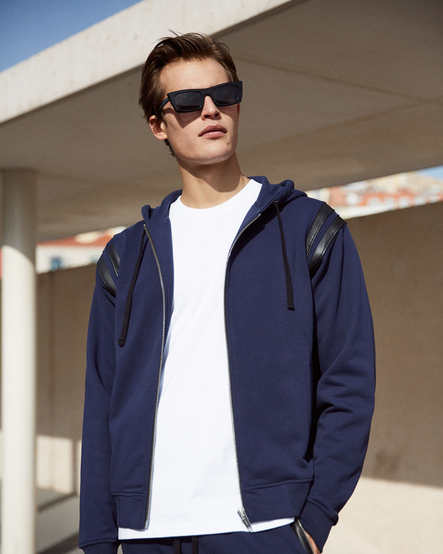 Sweater with leather, NAVY, hi-res image number null