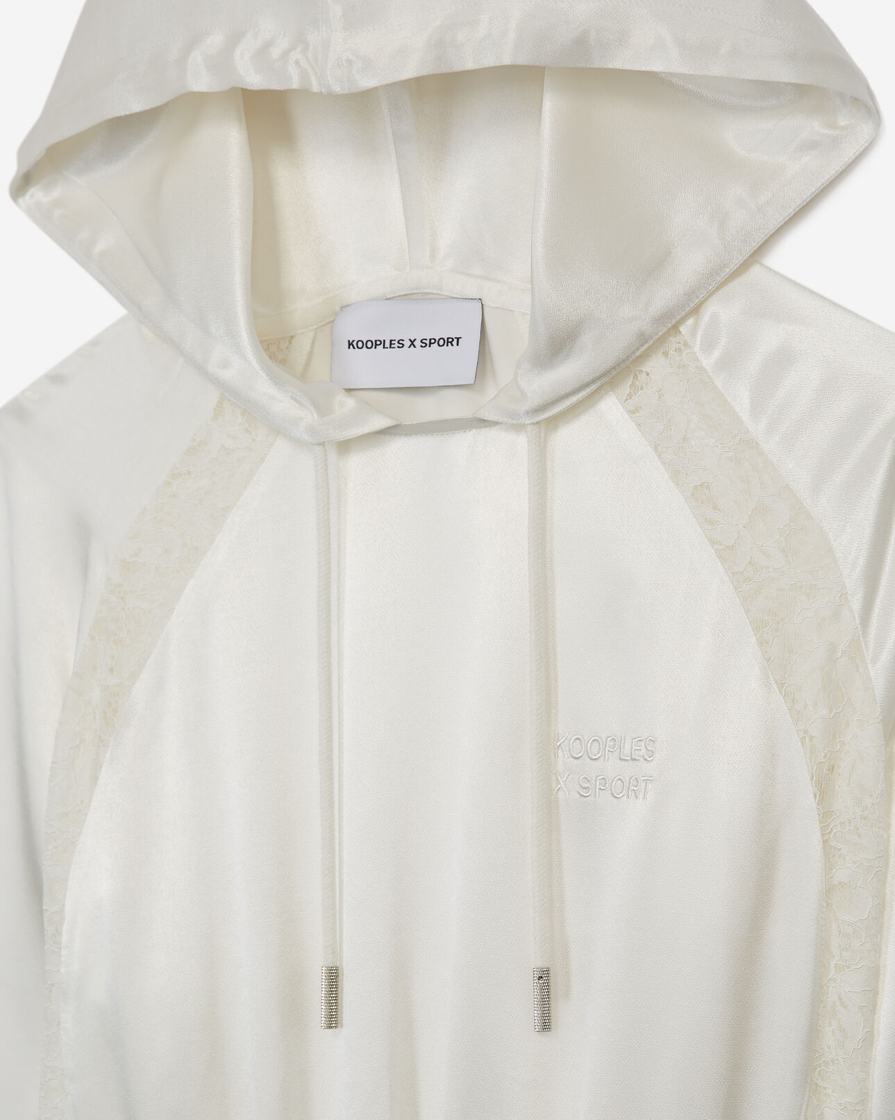 The Kooples FEMME ECRU top blanc à capuche bande dentelle