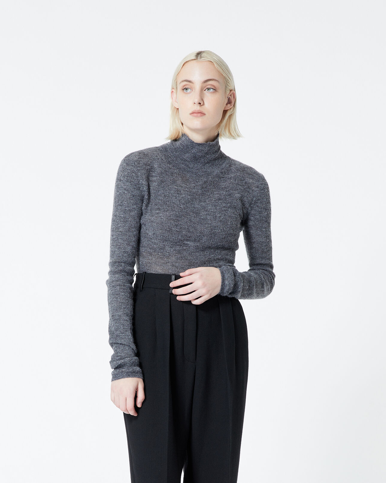 The Kooples FEMME GREY pull maille côtelée grise à col montant