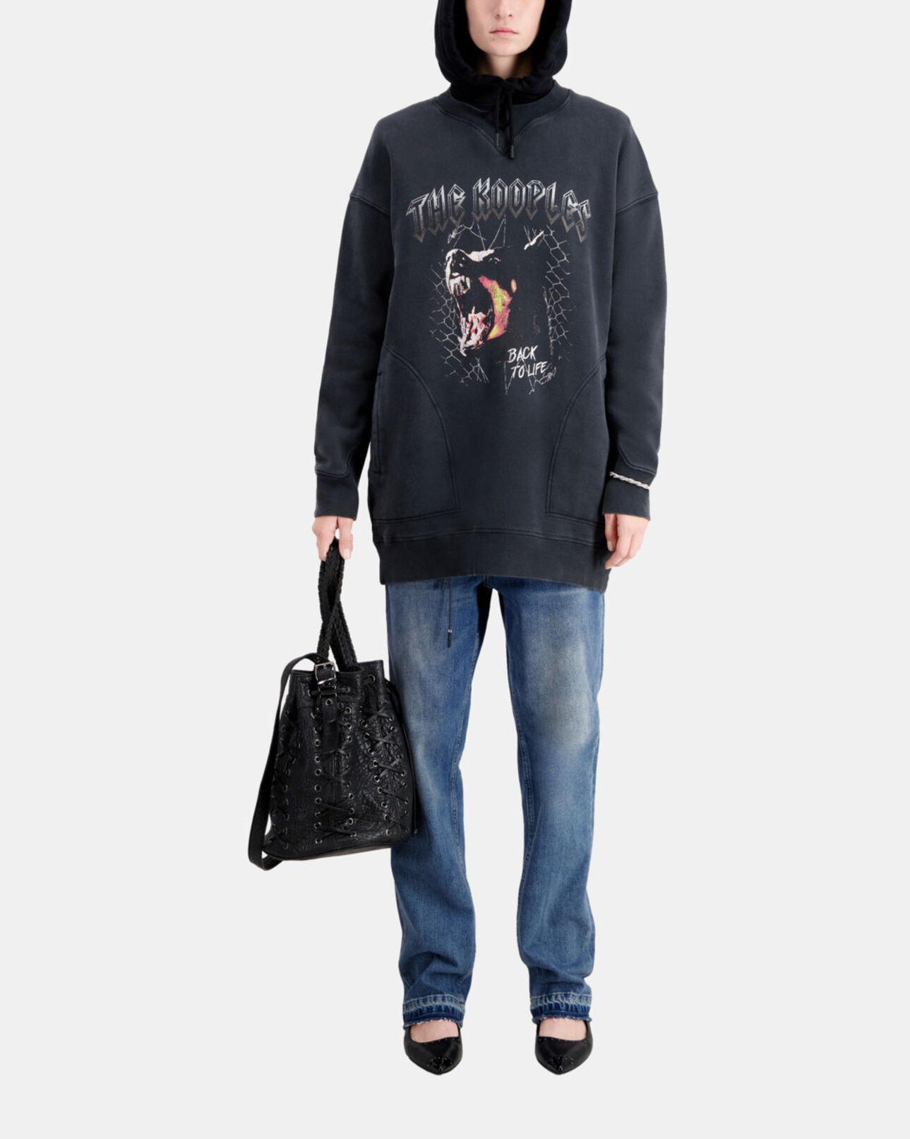 The Kooples WOMEN BLACK WASHED women's black sweatshirt dress with barking dog serigraphy