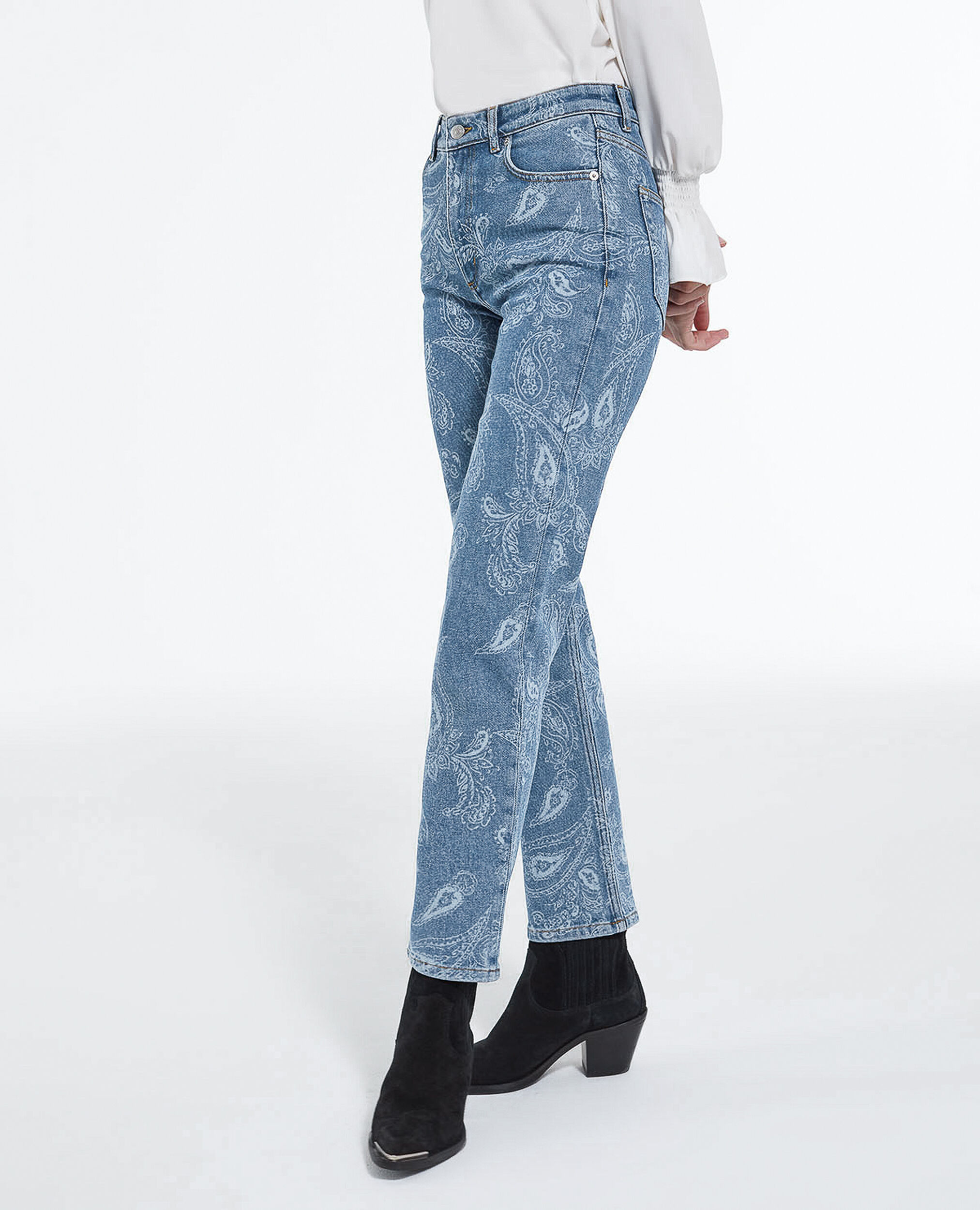 Straight cropped jeans with faded paisley pattern, BLUE DENIM, hi-res image number null