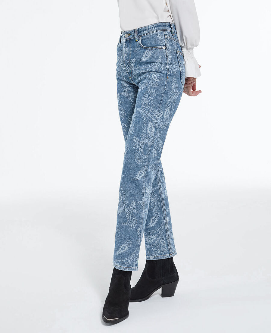 straight cropped jeans with faded paisley pattern