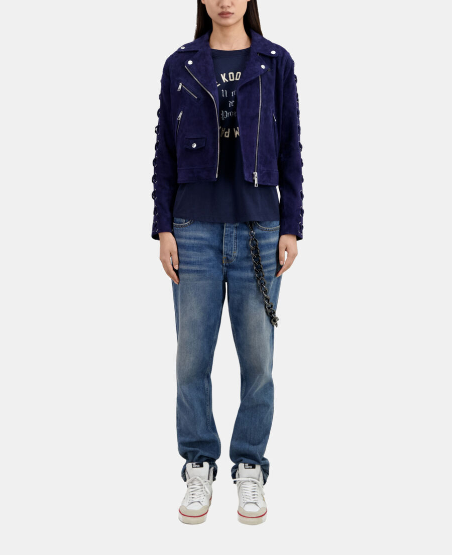 The Kooples DAMEN DARK BLUE marineblaue bikerjacke aus veloursleder