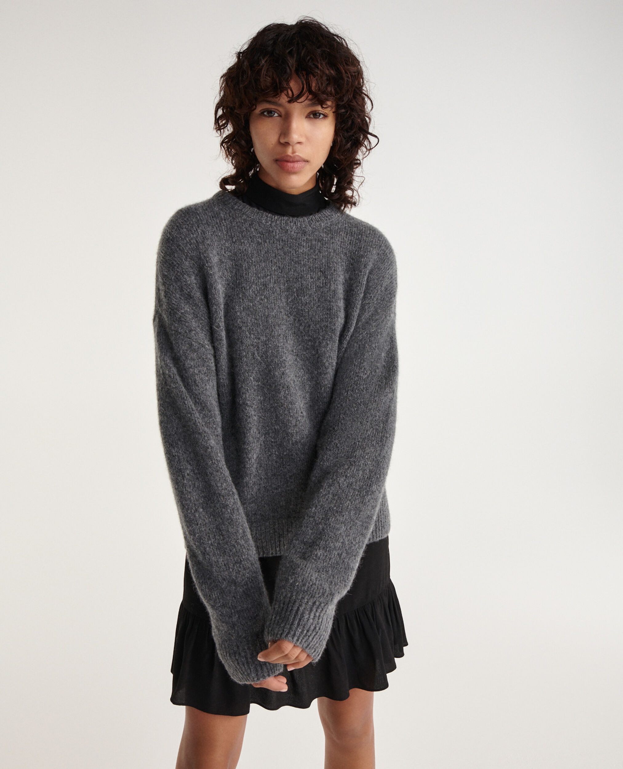 Loose-fit alpaca wool dark gray sweater, DARK GREY, hi-res image number null