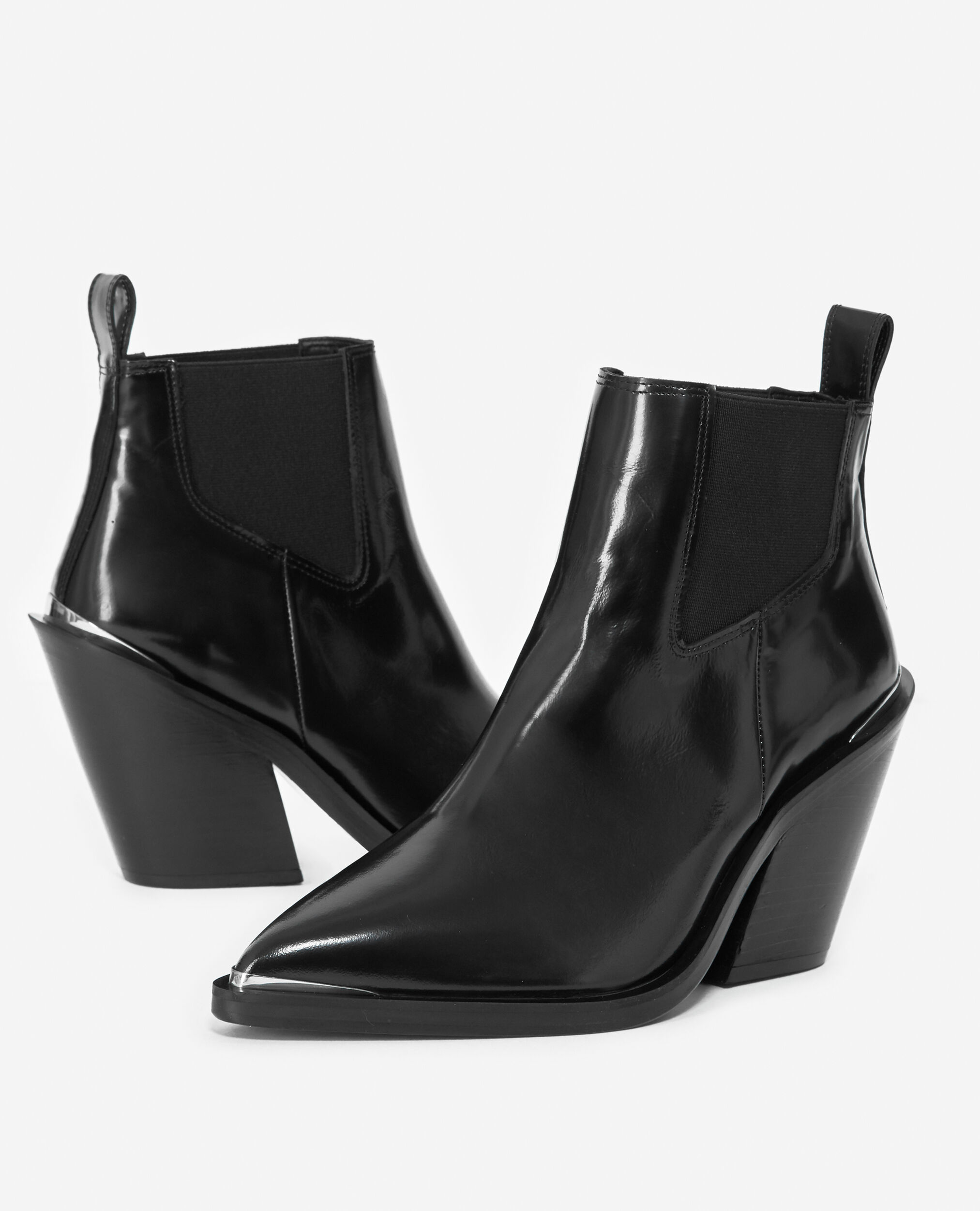 Glossy black leather boots in western style, BLACK, hi-res image number null