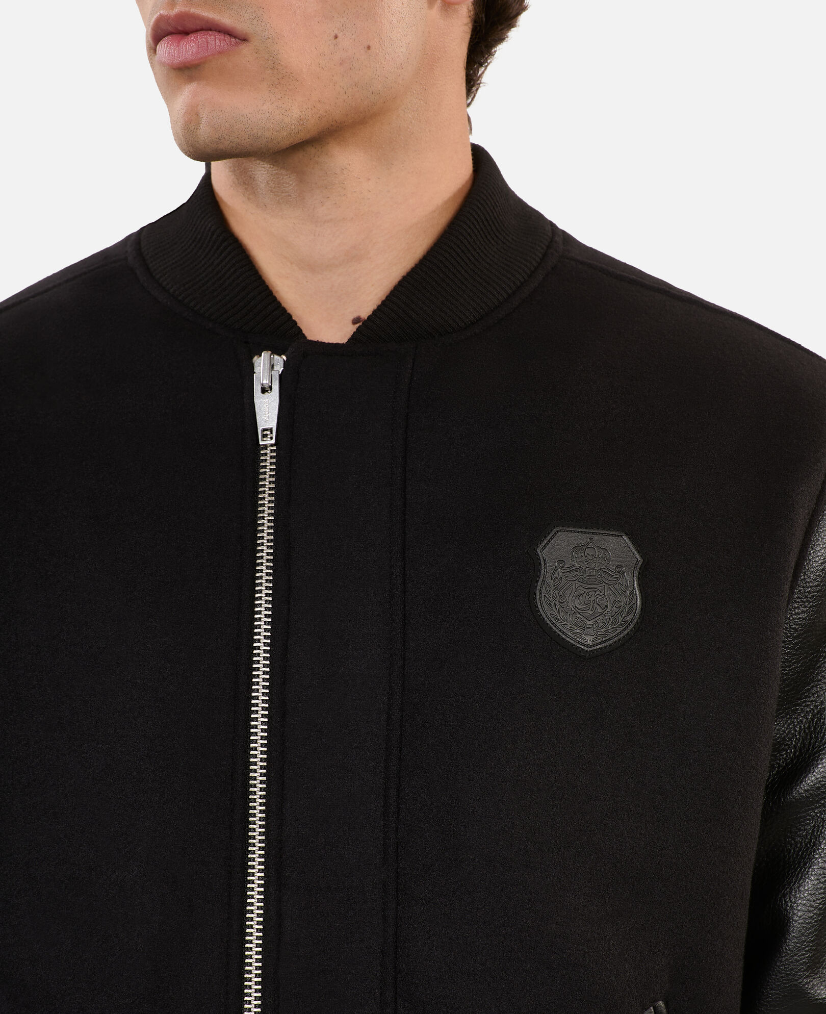 The Kooples HOMME BLACK blouson en laine double face et cuir noir