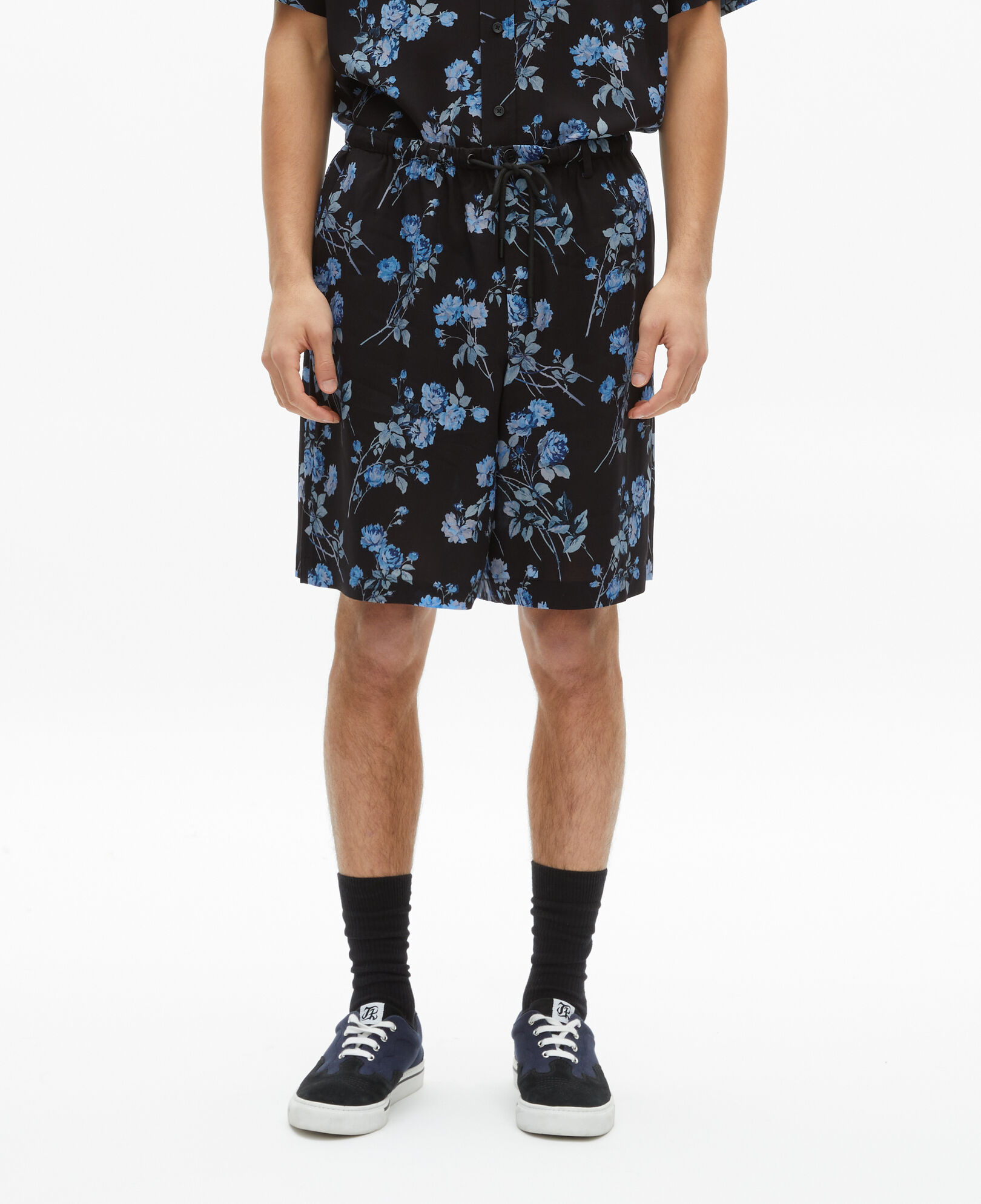 The Kooples MEN BLACK BLUE 'neon roses' print bermuda shorts