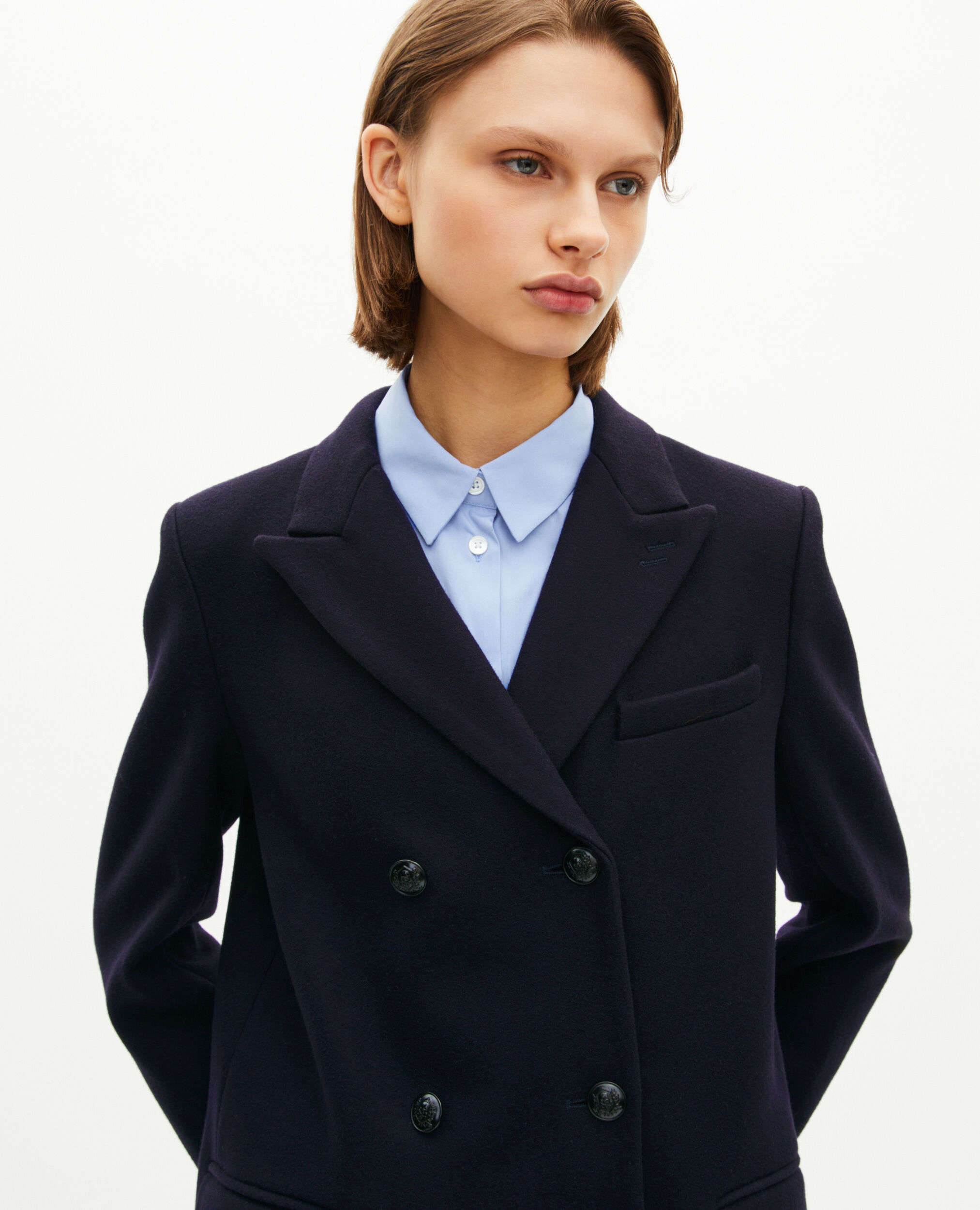 Long double-breasted coat in navy wool | The Kooples US