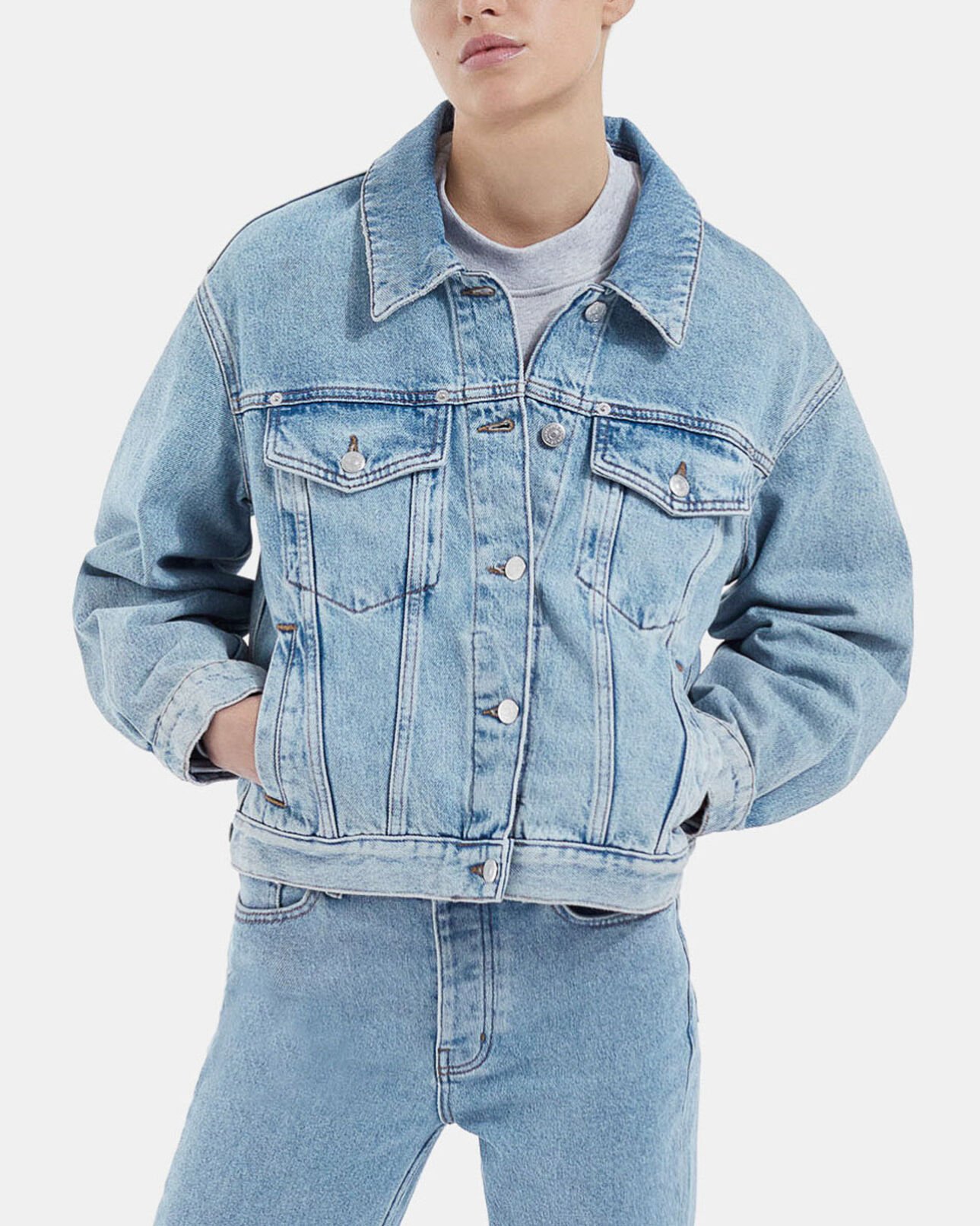 The Kooples WOMEN BLUE WASHED blue faded jean jacket with chest pockets