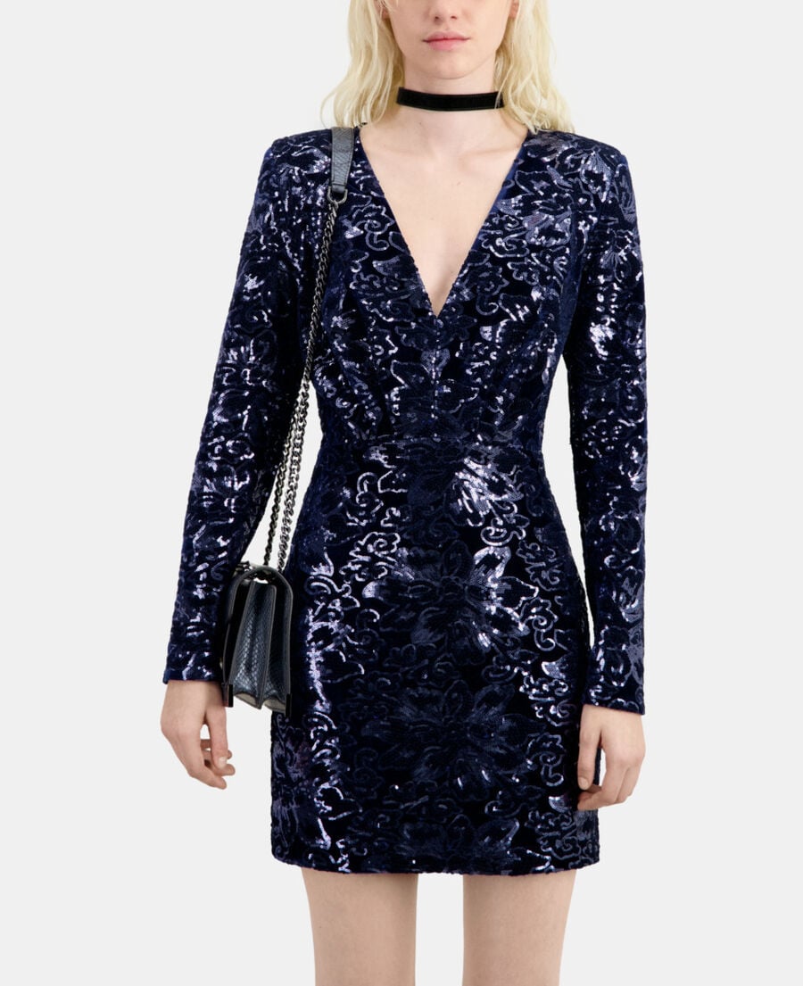 The Kooples FEMME NAVY robe courte en velours avec sequins bleu