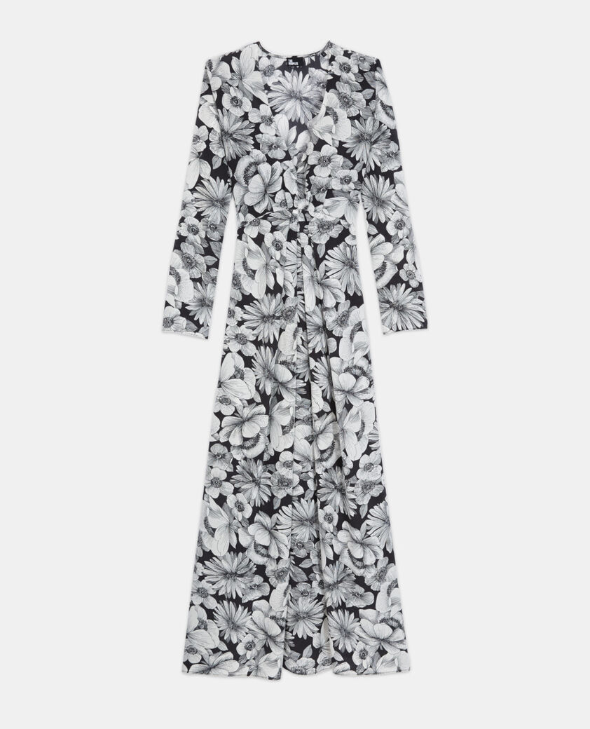 The Kooples WOMEN BLACK WHITE long floral silk dress