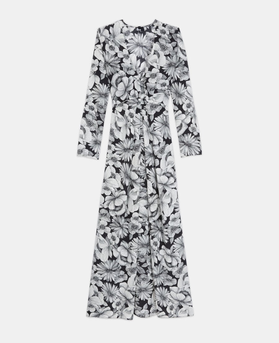 The Kooples WOMEN BLACK WHITE long floral silk dress