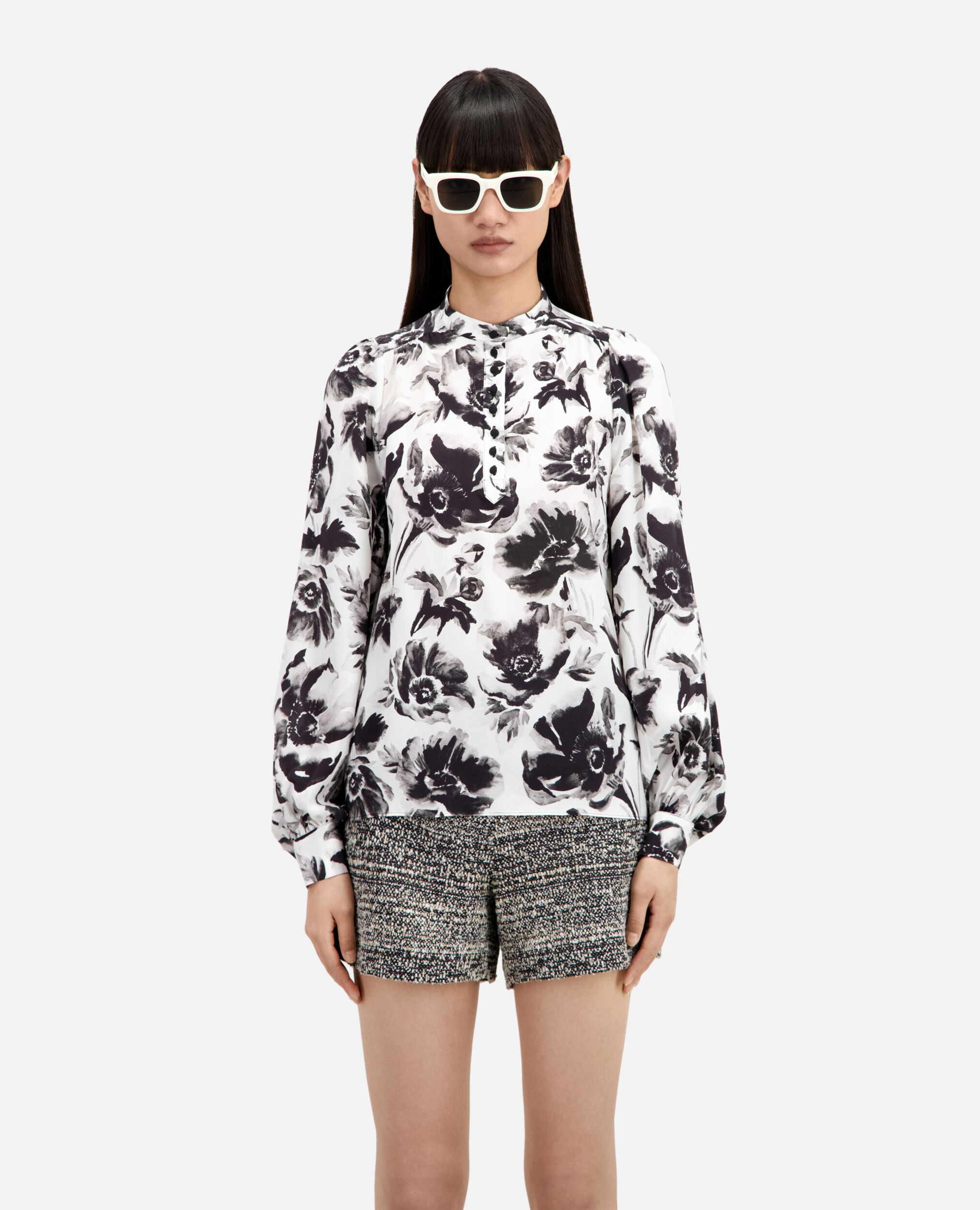 Printed top with buttoning, BLACK WHITE, hi-res image number null