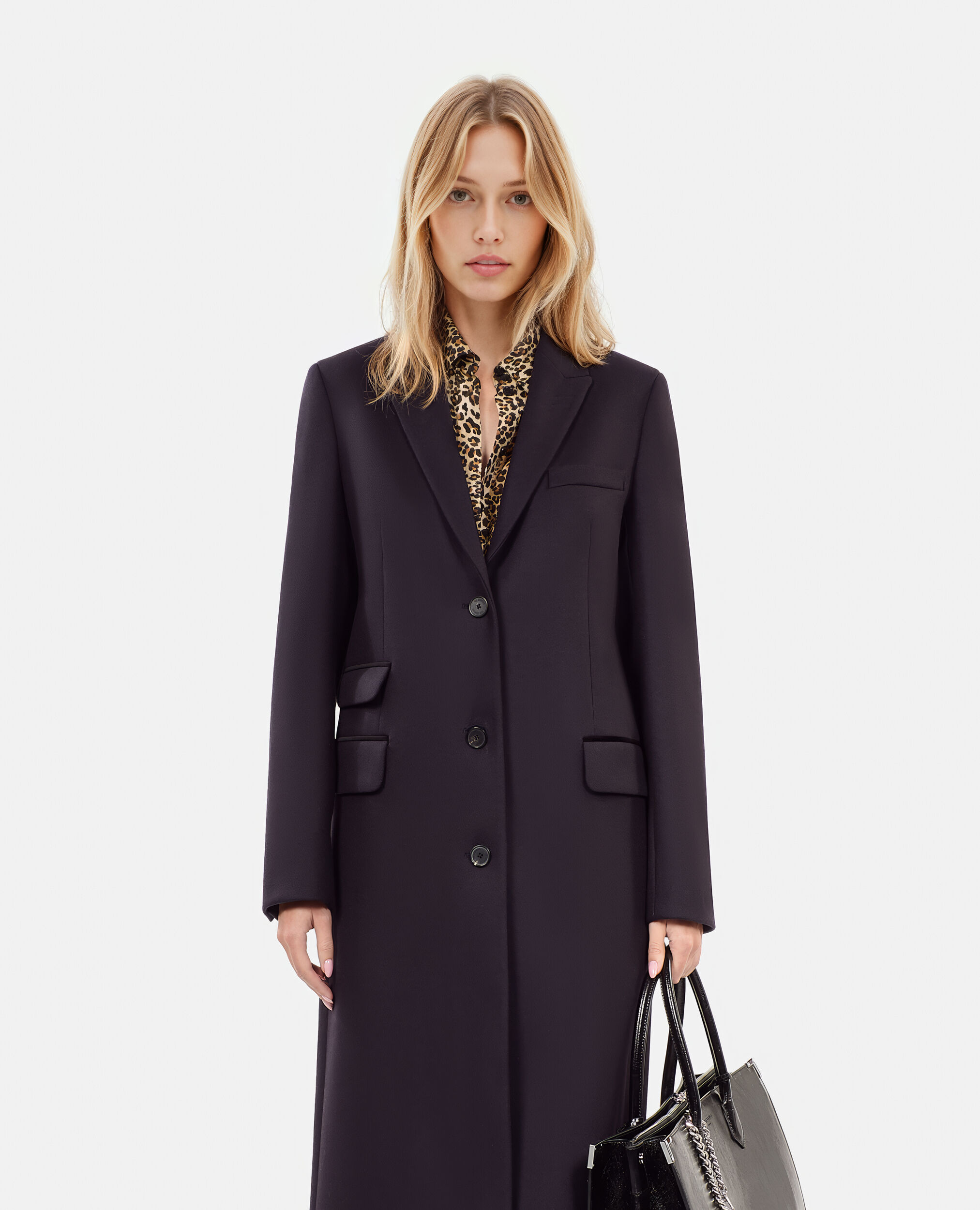 Long navy blue wool-blend coat, NAVY, hi-res image number null