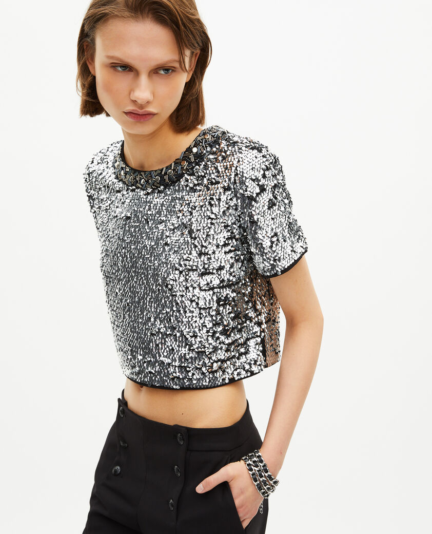 The Kooples WOMEN SILVER silver sequin crop top