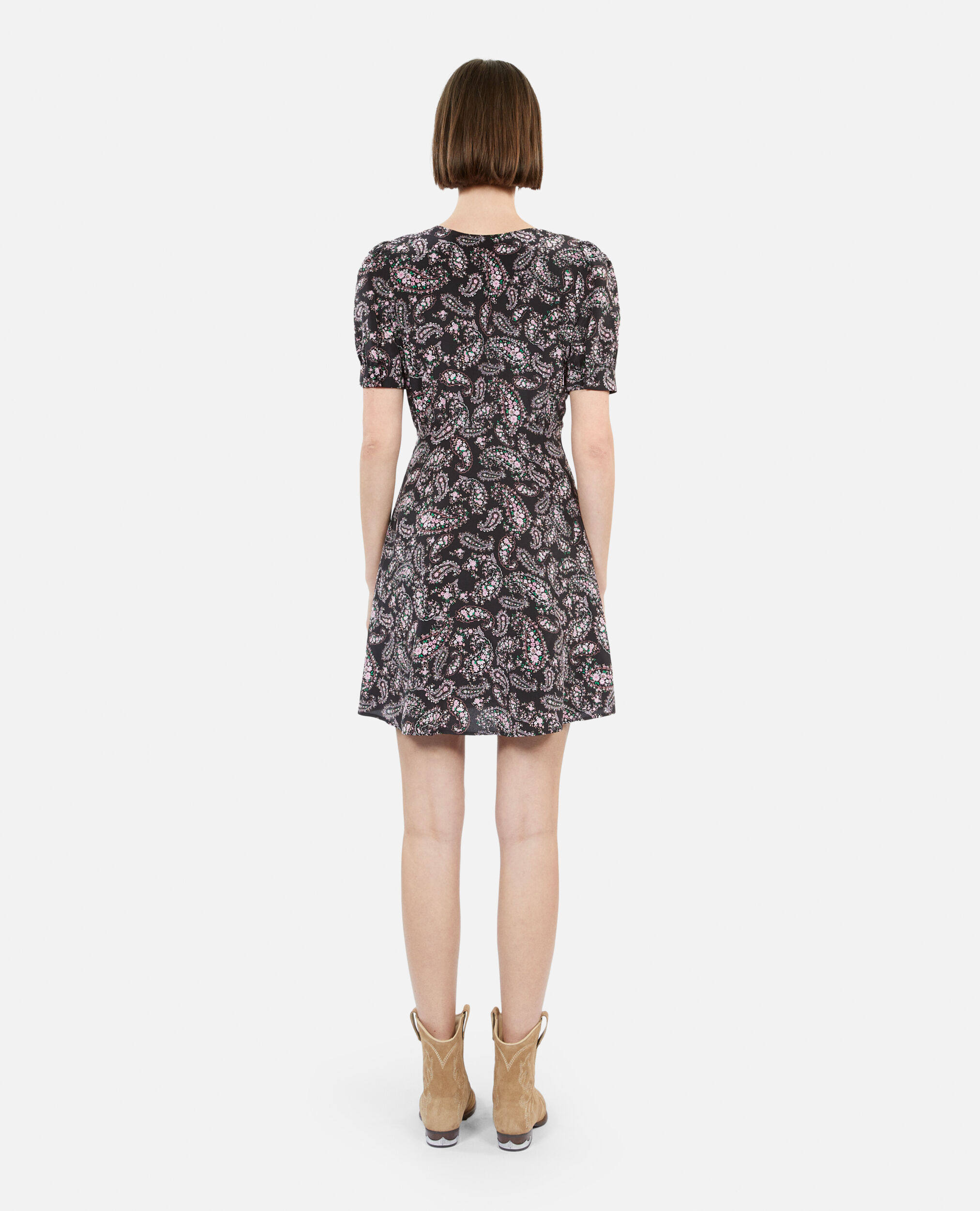 Kurzes Kleid mit Print und Knopfverschluss, BLACK / PINK, hi-res image number null