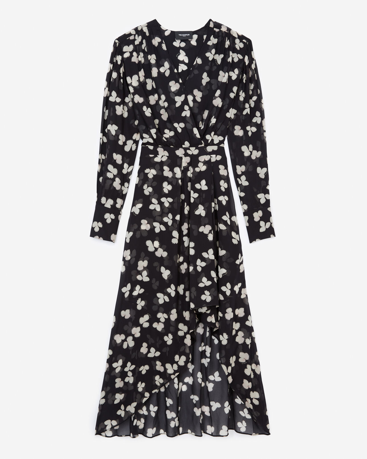 The Kooples FEMME BLACK-ECRU robe longue noire fleurie asymétrique