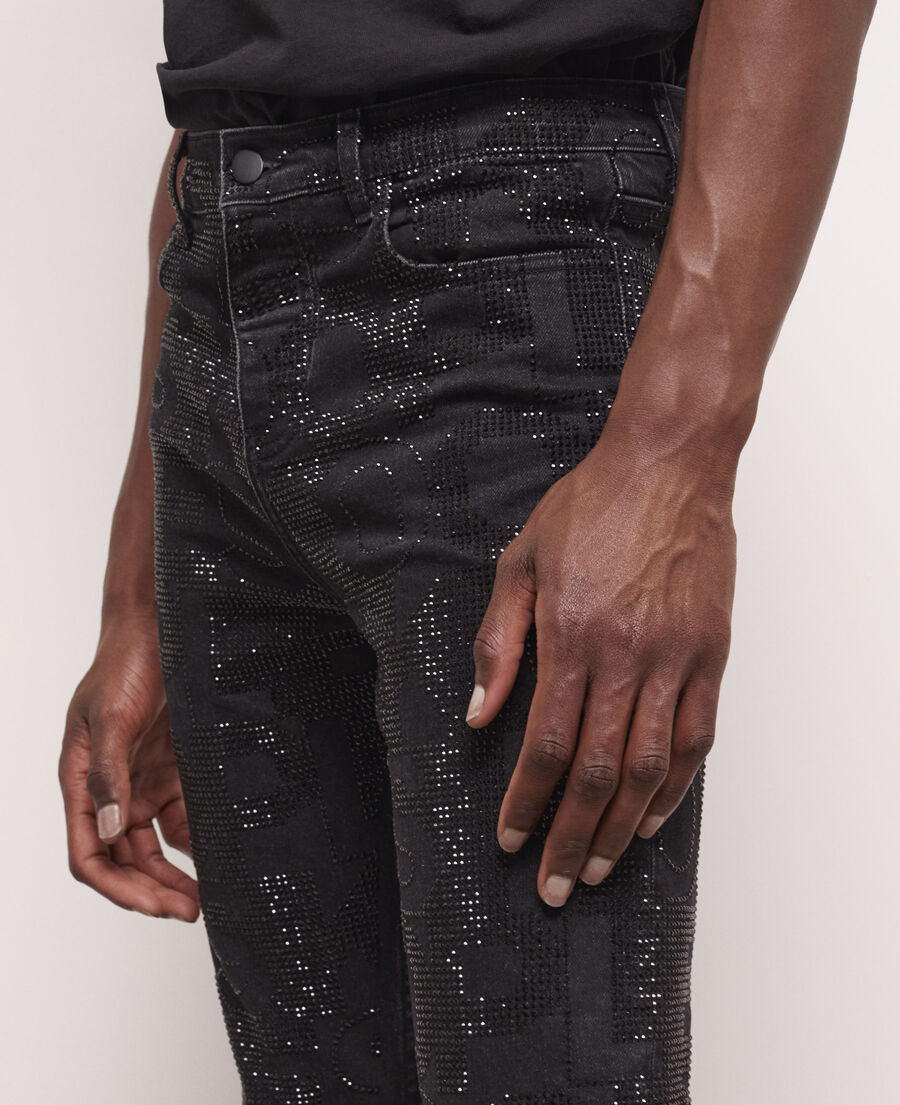schwarze jeans mit slim-fit-passform und strassbesatz