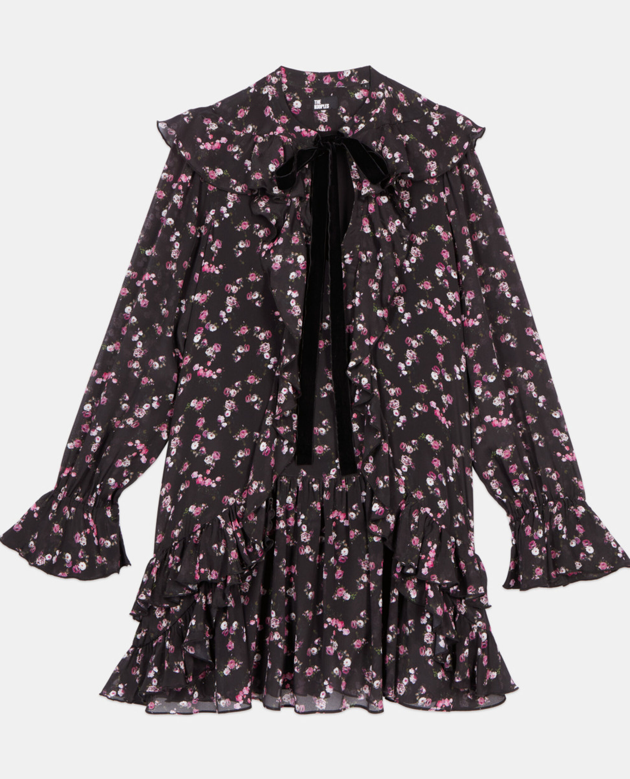 Robe courte à volants imprimé fleuri, BLACK, hi-res image number null