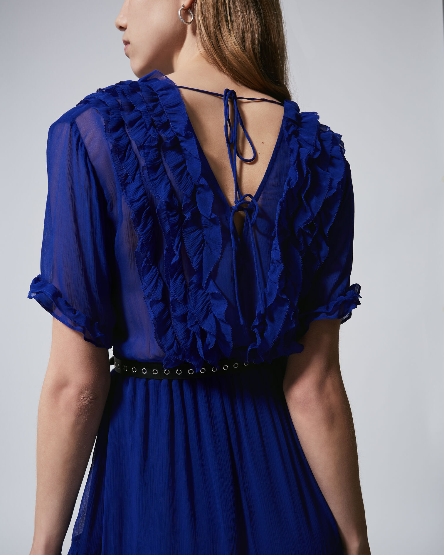 Blue long flowing dress with V-neck - frills, BLUE, hi-res image number null
