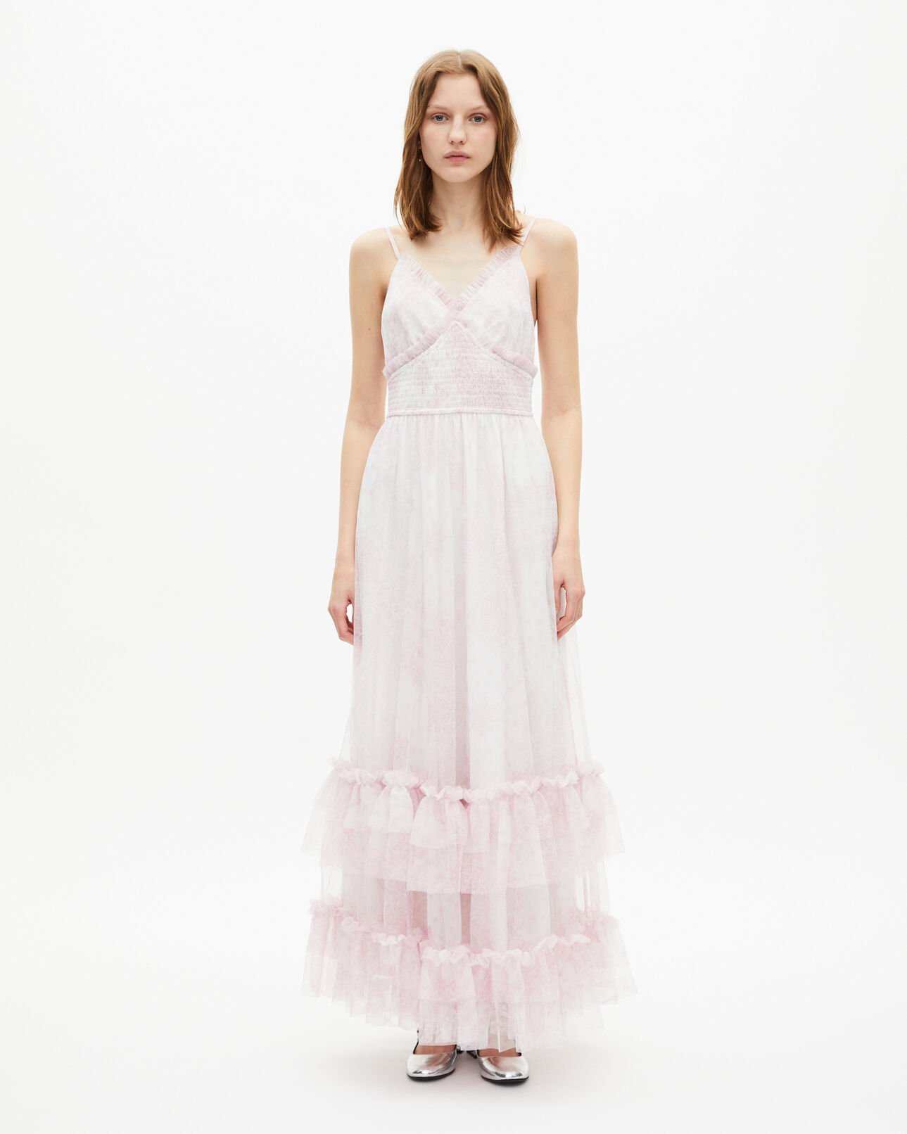 The Kooples FEMME WHITE - PINK robe longue en tulle imprimé rose pâle