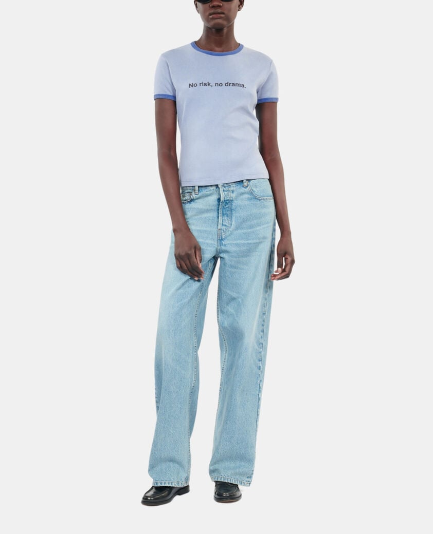 The Kooples DAMEN STONE BLUE blaues t-shirt mit „no risk“-siebdruck