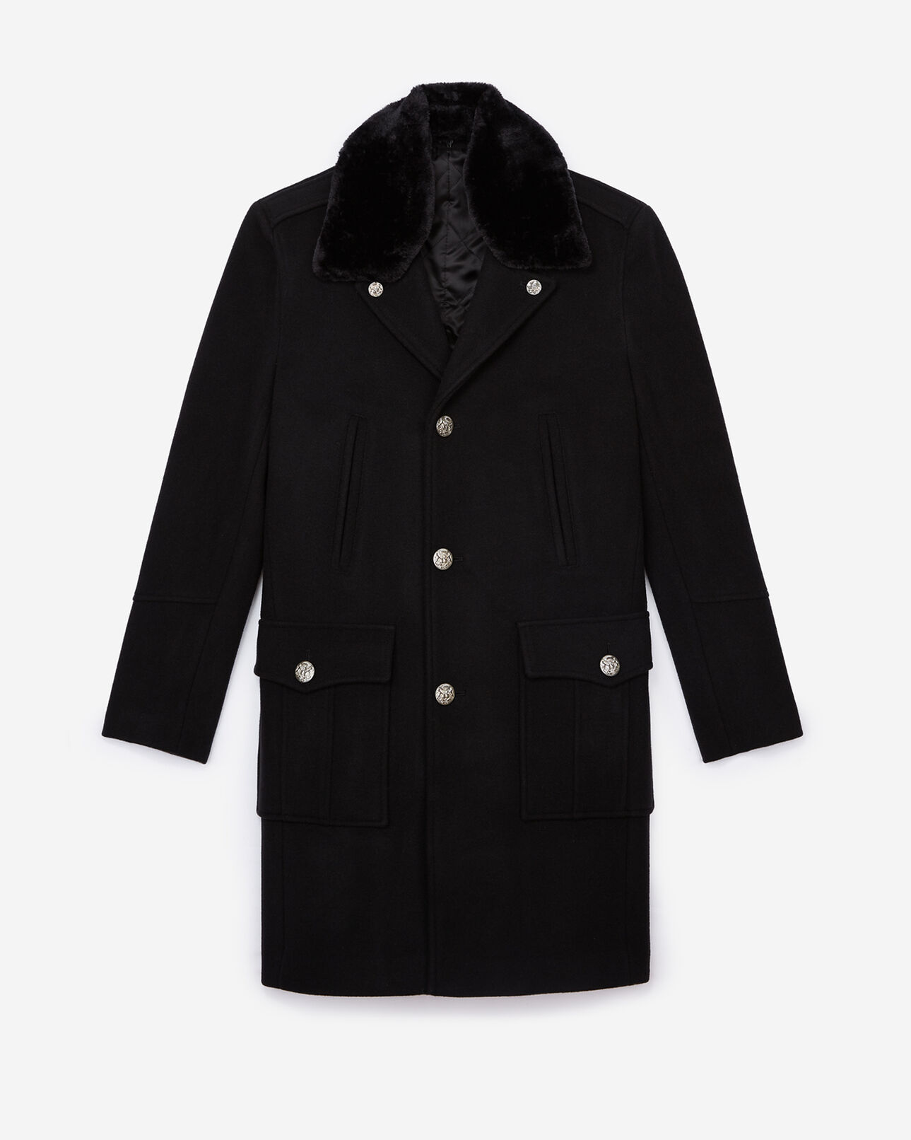 The Kooples HERREN BLACK gerader schwarzer mantel mit webpelz-kragen