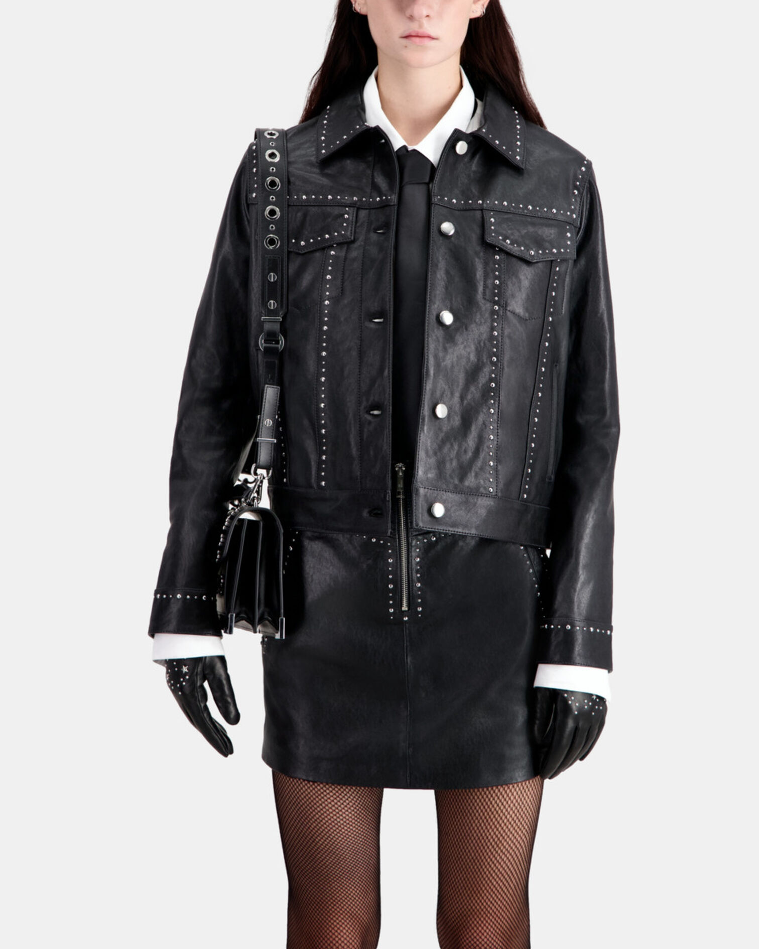 Veste en cuir noir avec clous, BLACK, hi-res image number null