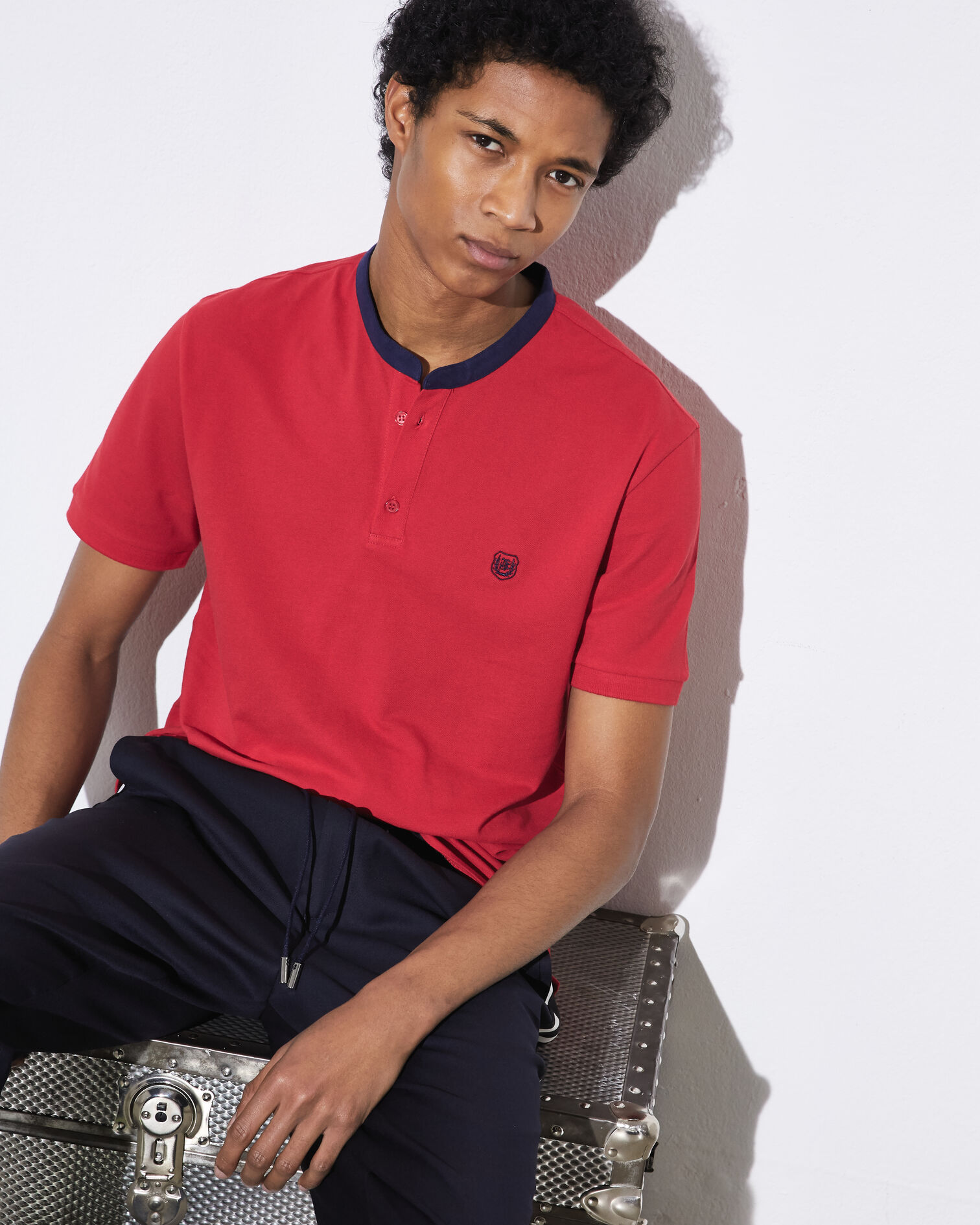 Red polo shirt with contrasting blue collar, RED, hi-res image number null