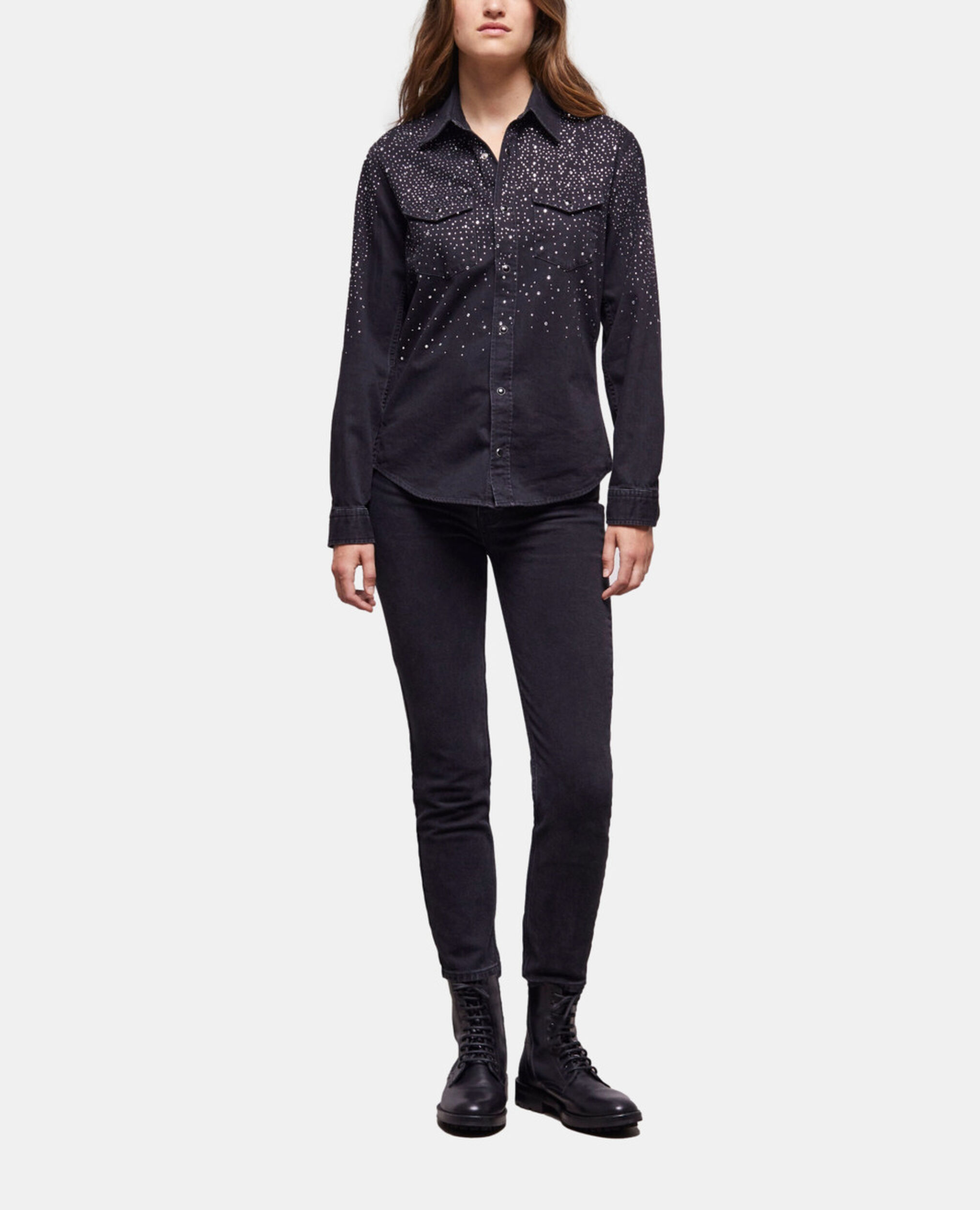 Black shirt with rhinestone details, BLACK WASHED, hi-res image number null