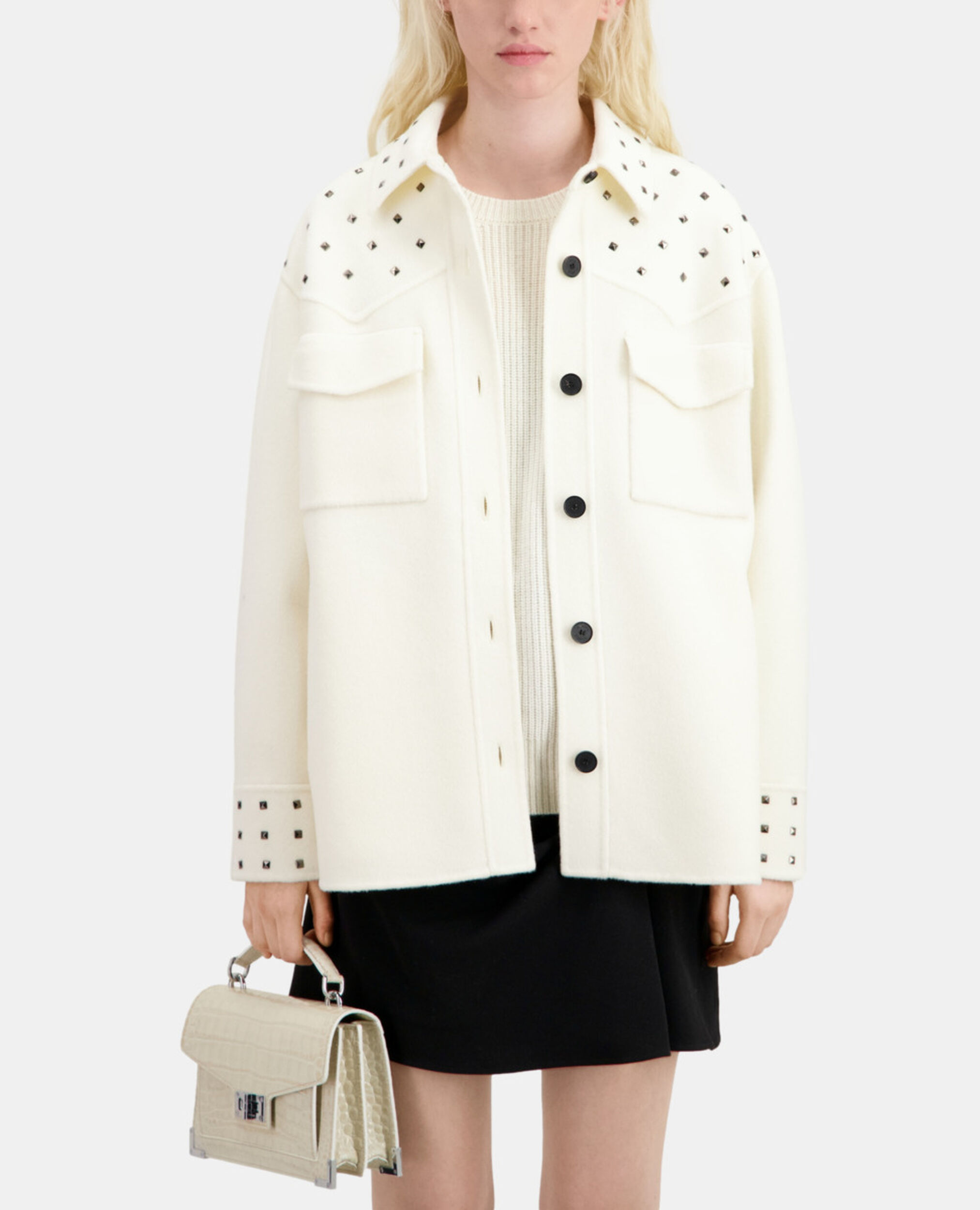 Ecru wool-blend overshirt-style jacket with studs, ECRU, hi-res image number null