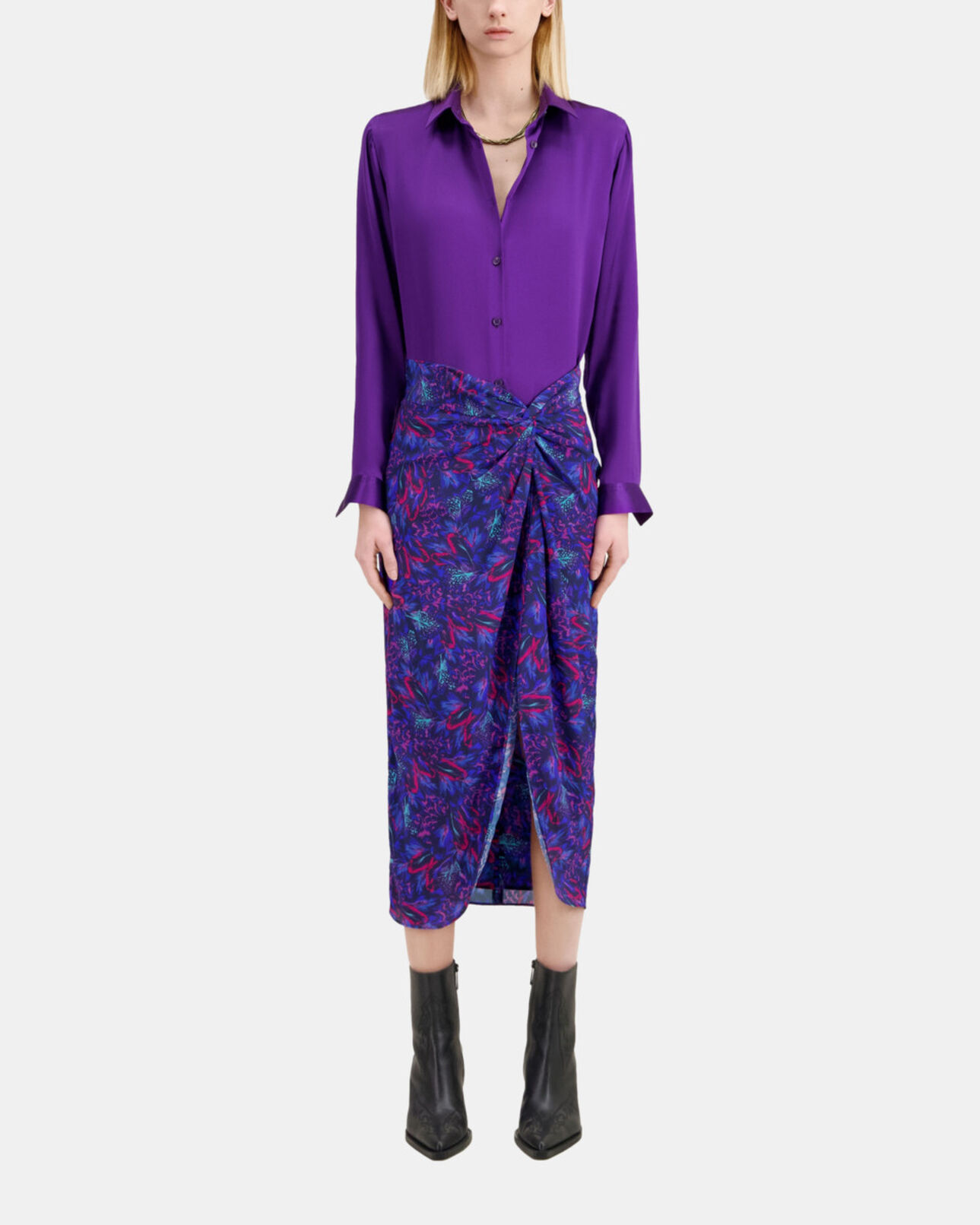 The Kooples WOMEN BLUE RED blue feather print midi skirt with twist