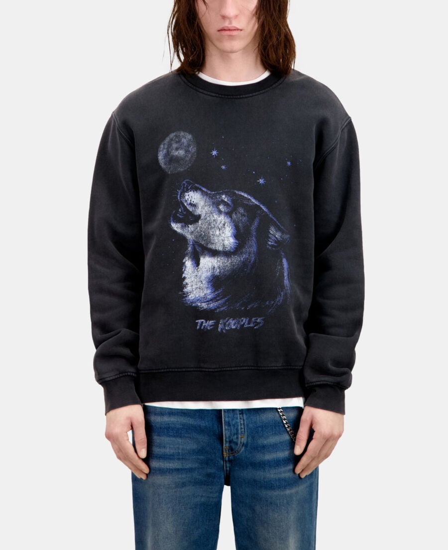 The Kooples HOMME BLACK WASHED sweatshirt homme noir avec sérigraphie wolf