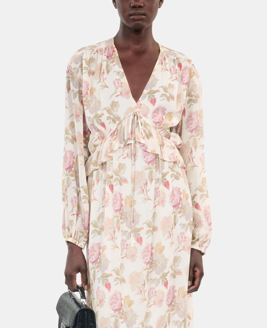 The Kooples F BEIGE / RED long floral printed silk dress