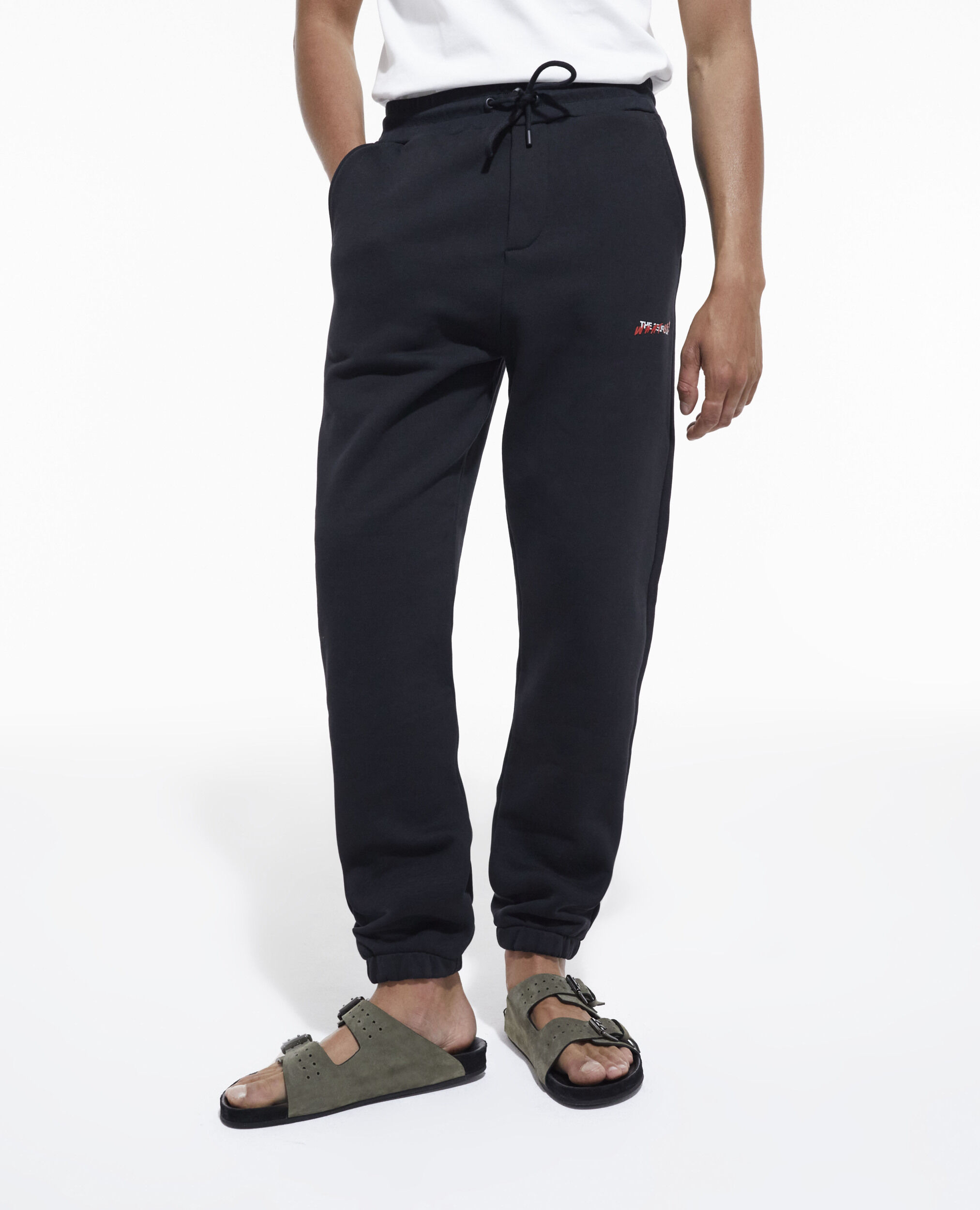 Black joggers with What is print, BLACK, hi-res image number null