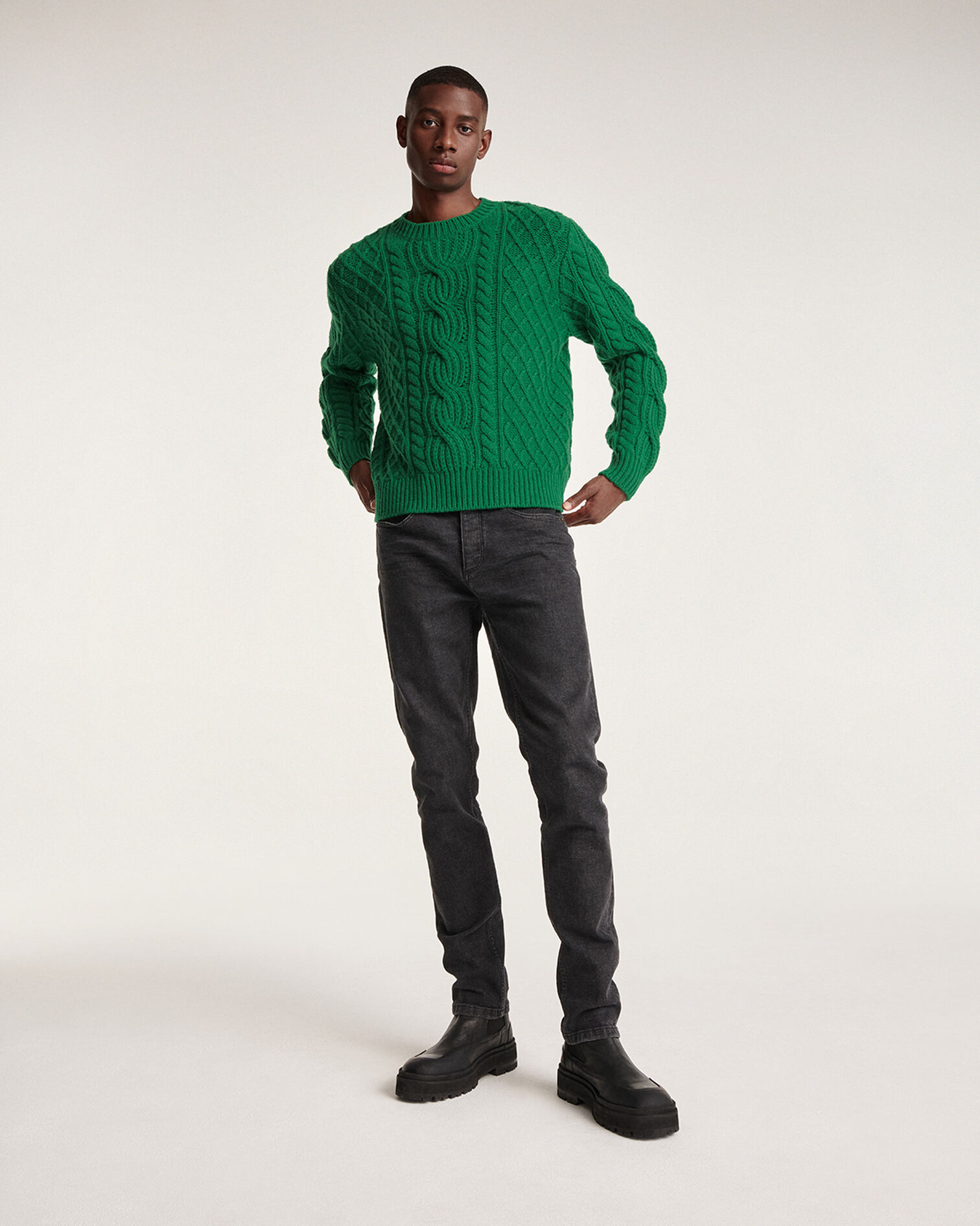 Green wool cable knit sweater, FOREST, hi-res image number null