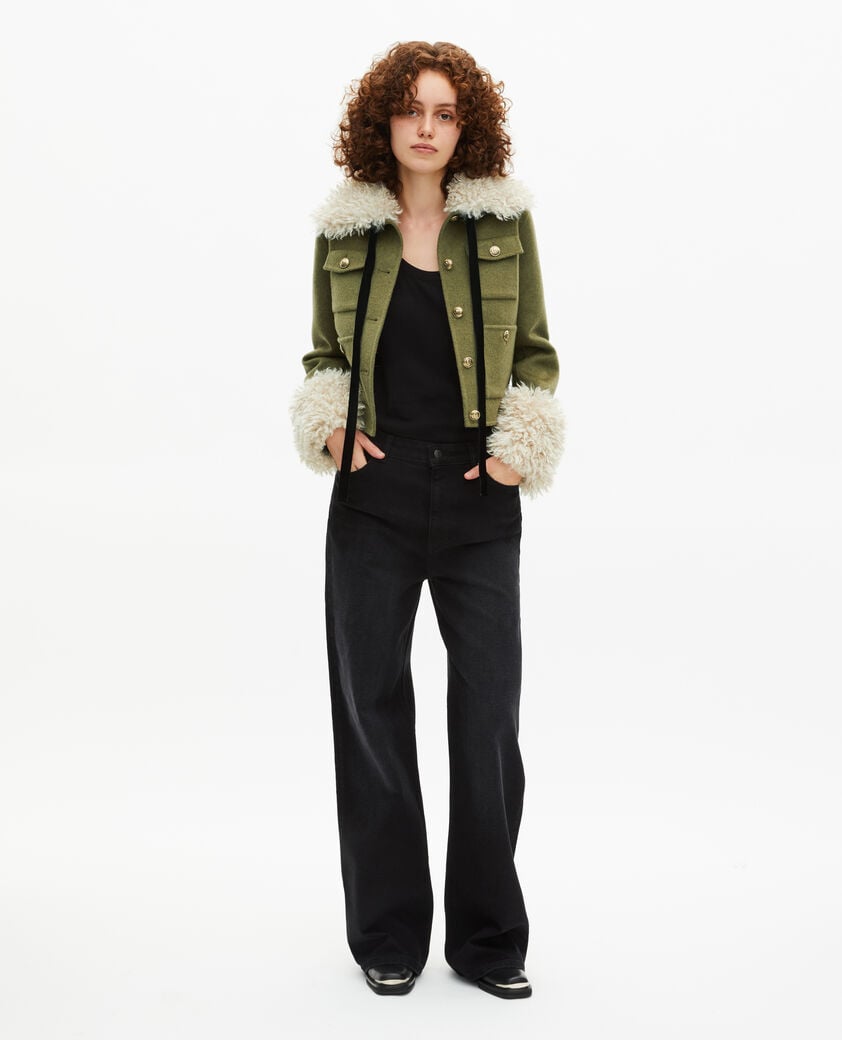 The Kooples FEMME KAKI blouson court en laine col sherpa kaki