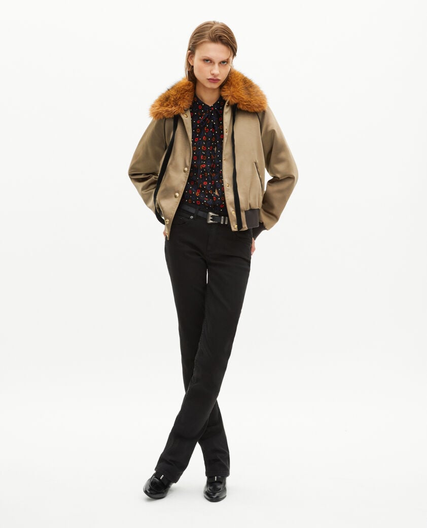 The Kooples FEMME KAKI blouson col fourrure satiné kaki