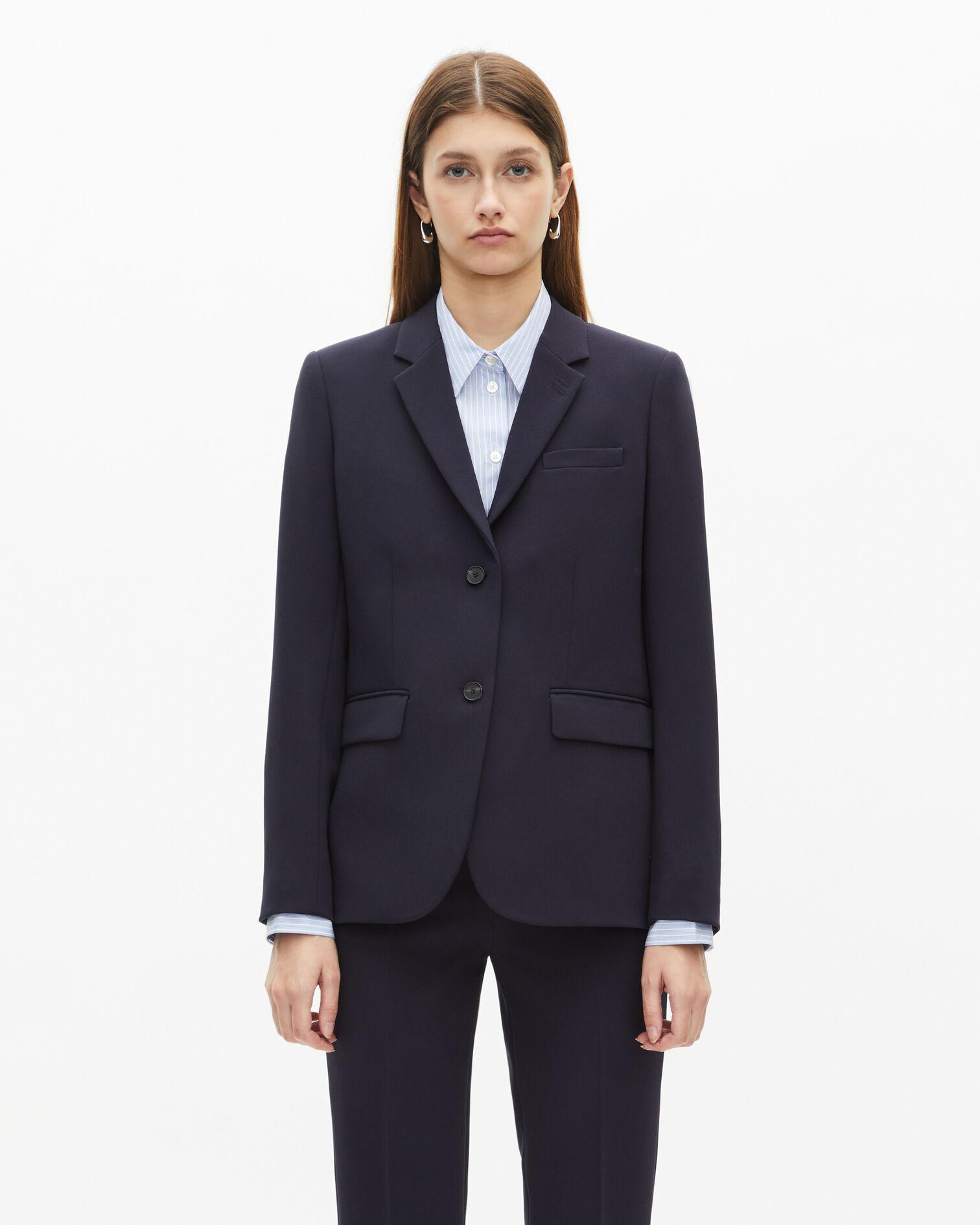 Navy blue structured crepe tailored jacket , DARK NAVY, hi-res image number null