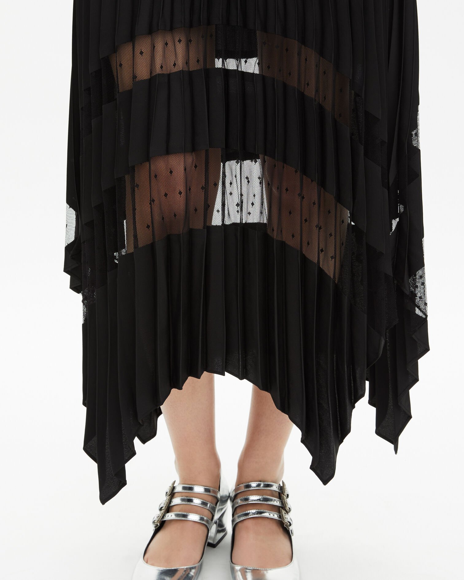 Long pleated skirt with black lace, BLACK, hi-res image number null