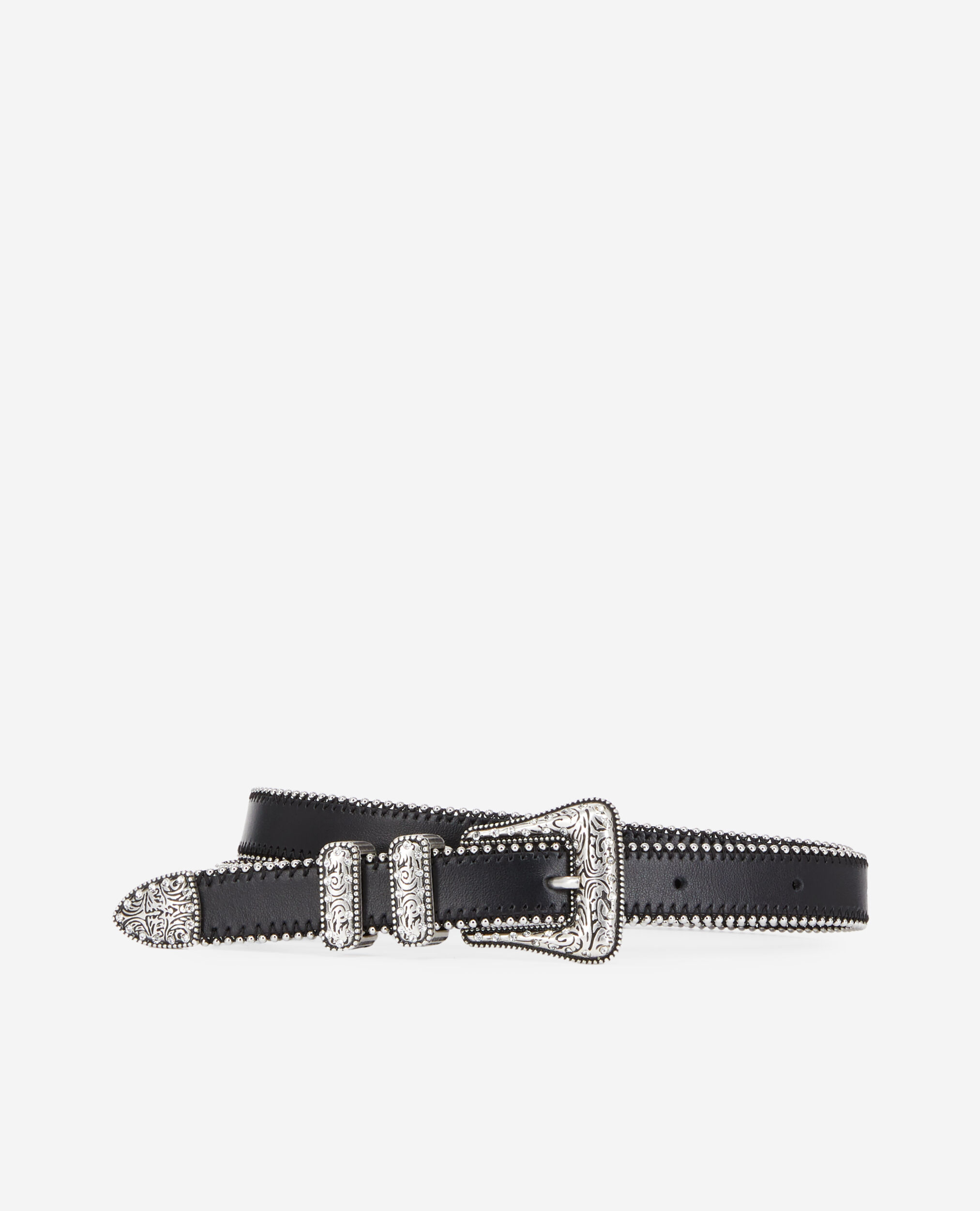 Bead-edged black leather belt with rhinestone Western buckle