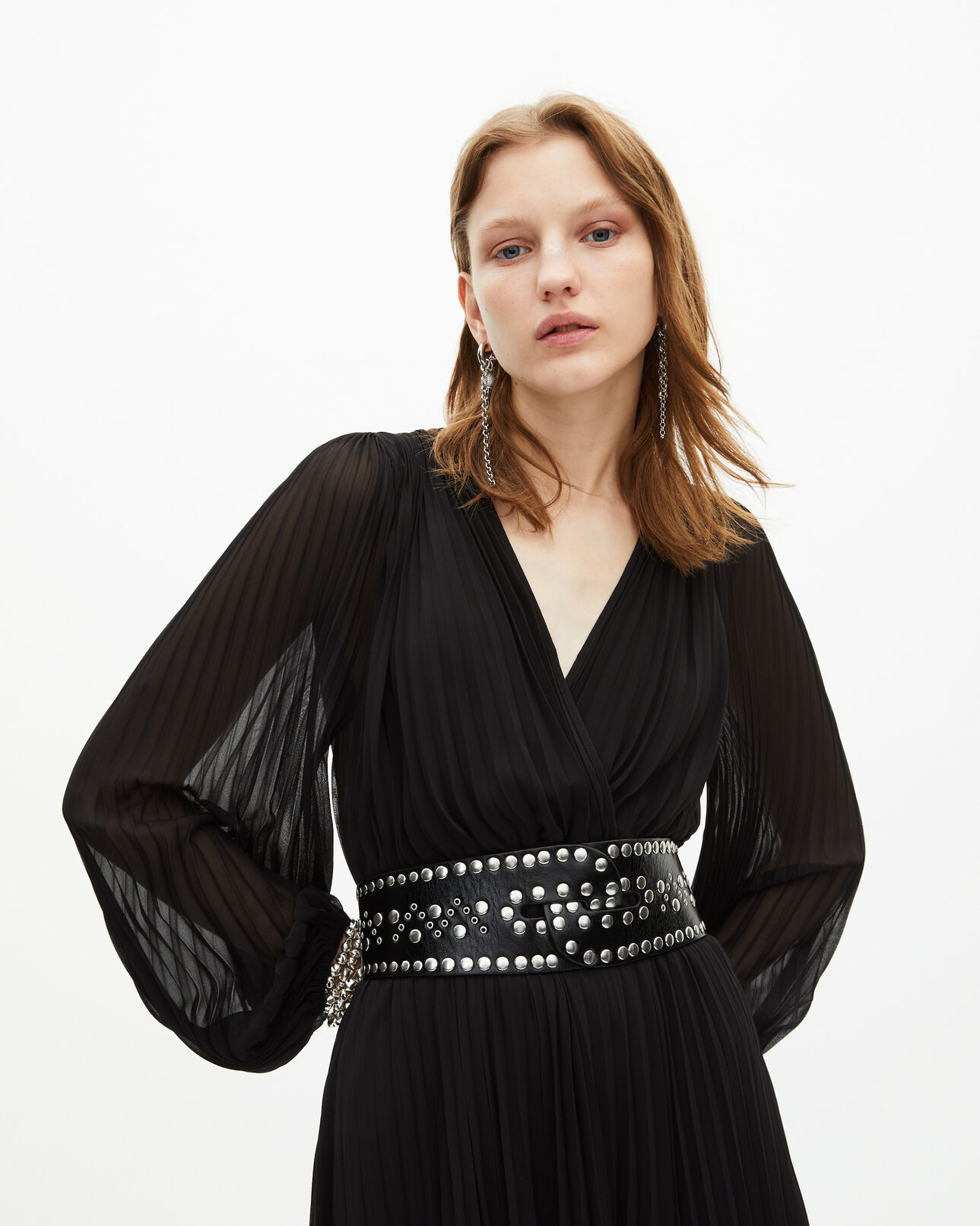 The Kooples FEMME BLACK robe longue plissée avec dentelle noire