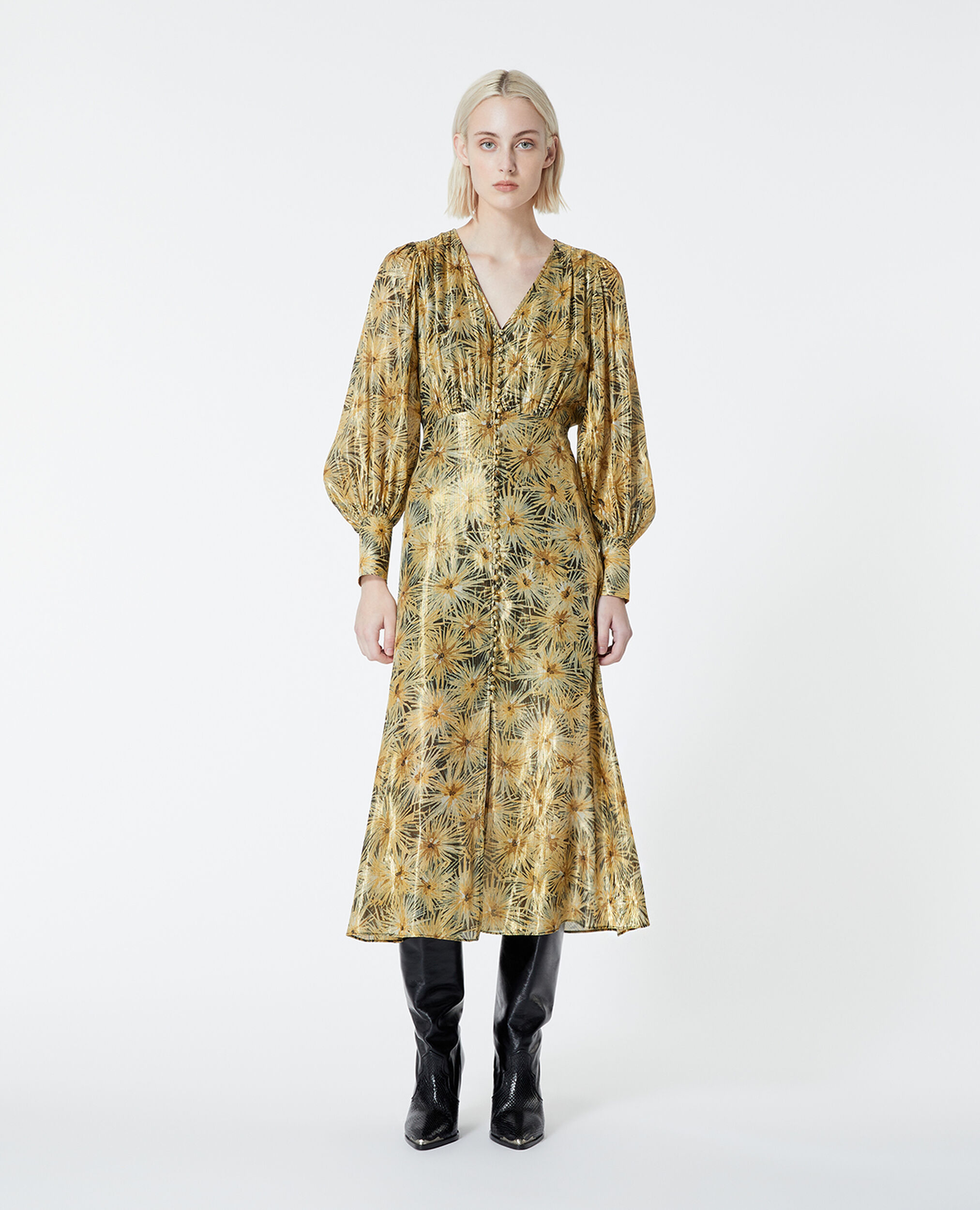 Buttoned long dress with golden print, BLACK / GOLD, hi-res image number null