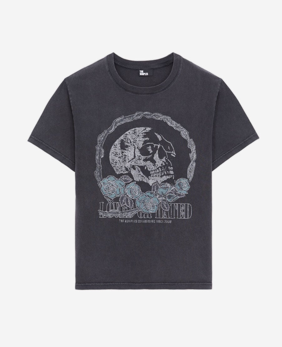 The Kooples DAMEN BLACK WASHED schwarzes t-shirt mit vintage-skull-siebdruck