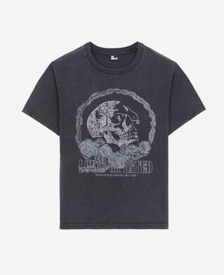 The Kooples DAMEN BLACK WASHED schwarzes t-shirt mit vintage-skull-siebdruck