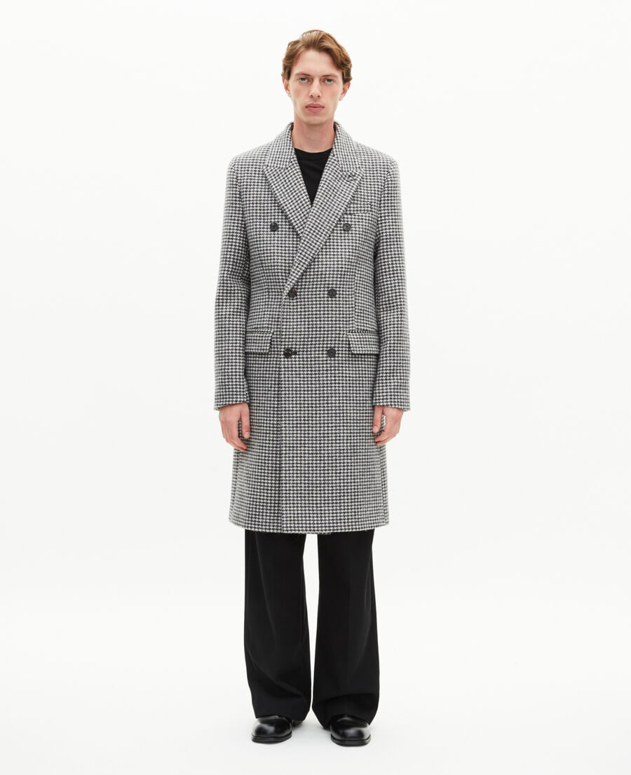 The Kooples MEN BLACK GREY long black and white wool houndstooth coat