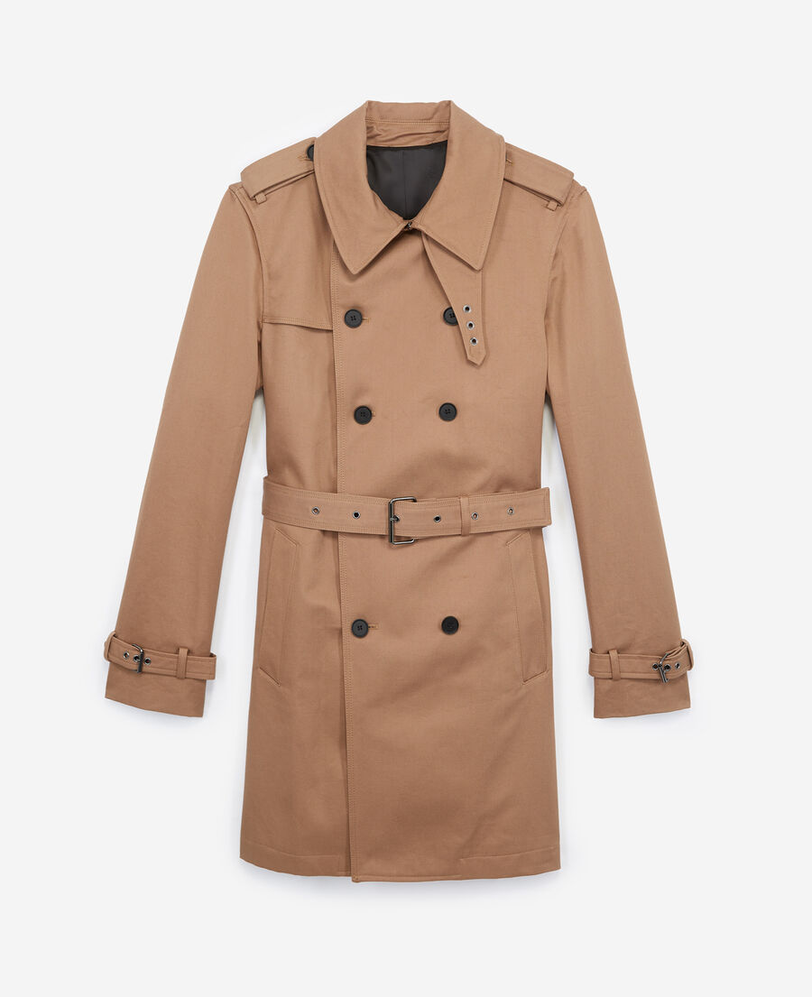 beige belted double-breasted trench coat