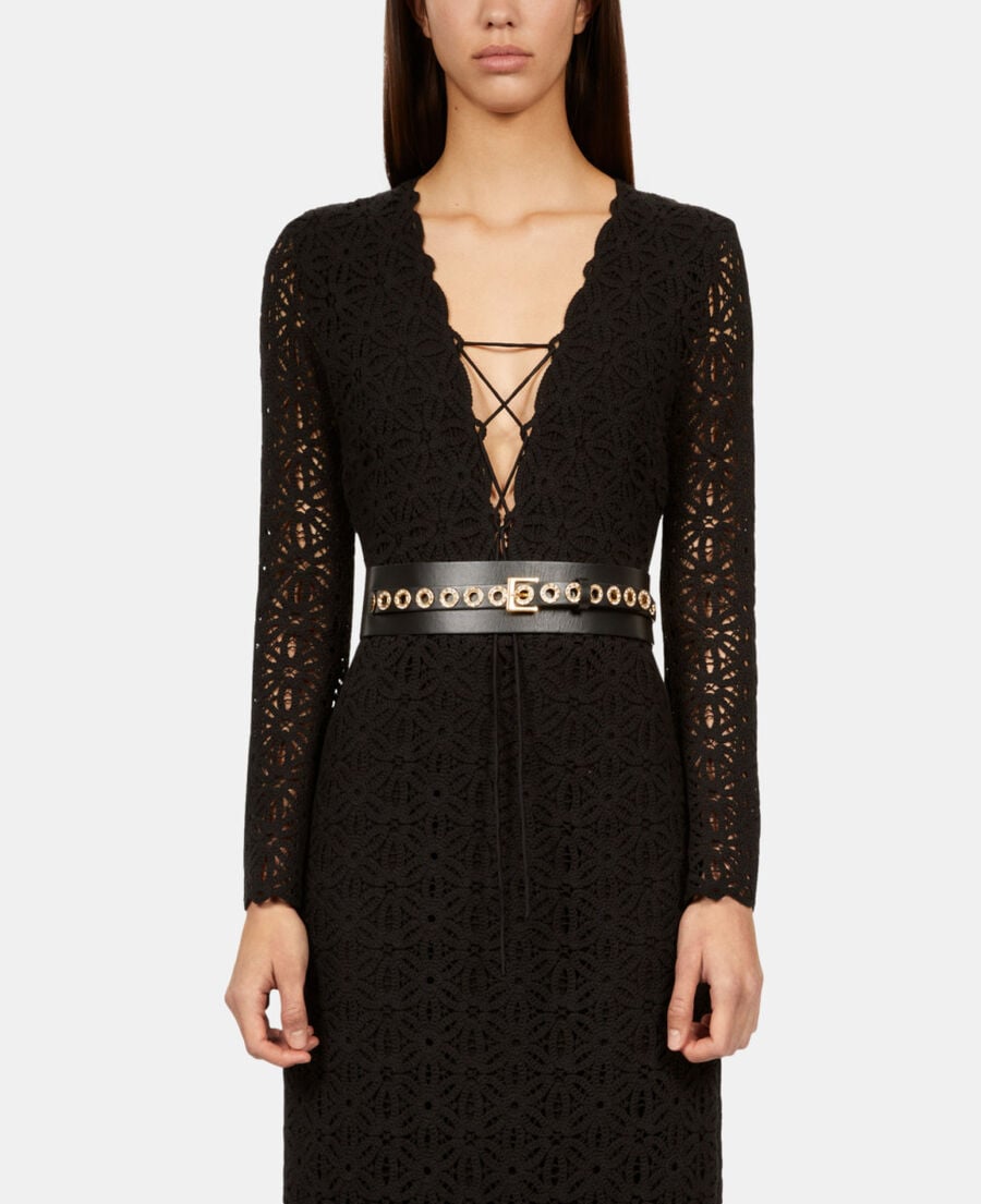 The Kooples F BLACK wide black leather belt with eyelets and rhinestones
