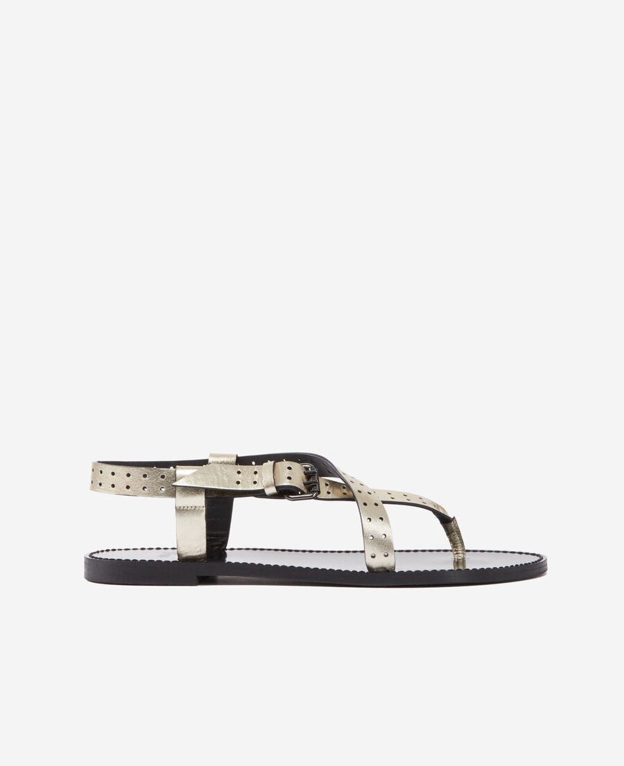 gold sandals in perforated leather